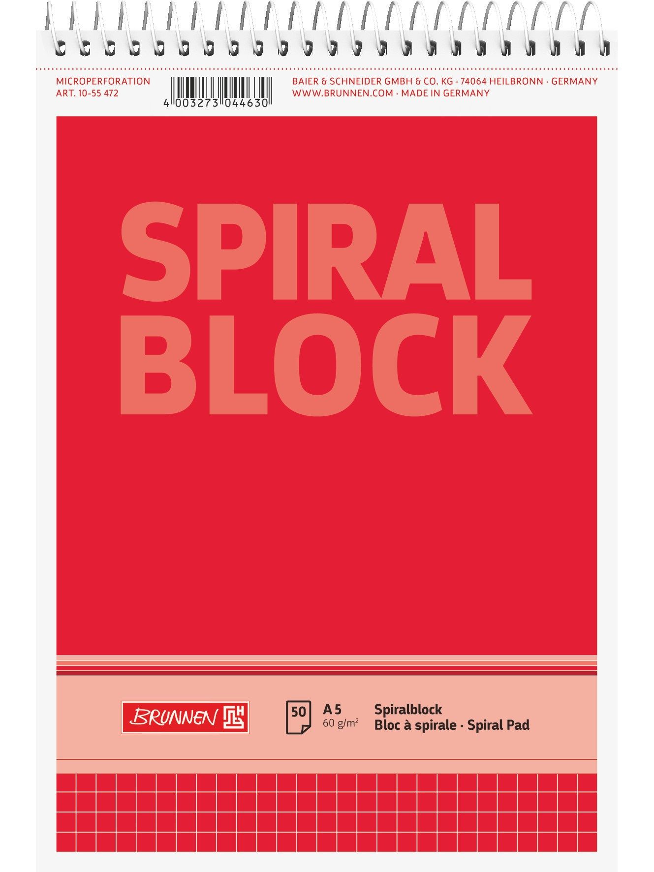 Baier & Schneider Notizblock Spiralnotizblock A5 kariert 50 Blatt rot