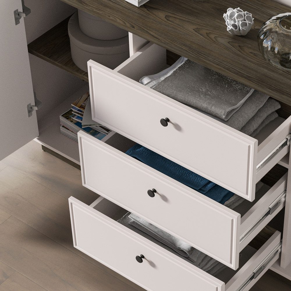 Lomadox Wohnzimmer-Set VEJANO-131, (Mega-Spar-Set, 2-St., Highboard Sideboard), Beige mit Eiche modern abgerundet Softclose LED Beleuchtung