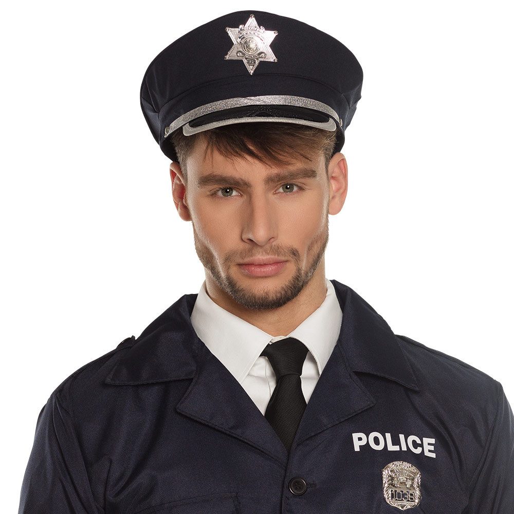 Boland Polizei-Kostüm Polizisten-Mütze verstellbare Polizei-Kappe schwarz Unisex Karneval, Polizei-Abzeichen auf der Vorderseite