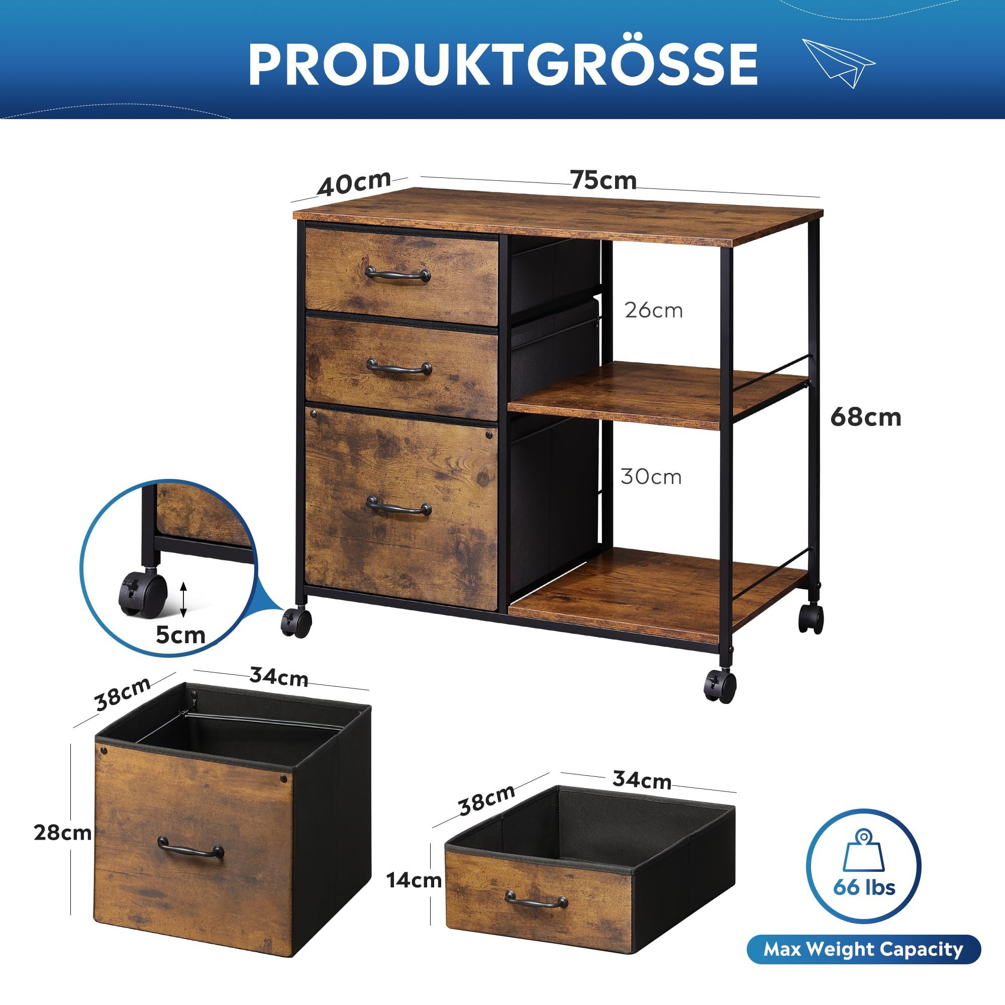 DEVAISE Aktenschrank Rollcontainer mit 3 Schubladen & 2 Ablagen, Mobiler Aktenschrank (Druckertisch für DIN A4/Legal/Letter, Breit 75cm) Schubladenschrank auf Rollen für Büro & Home Office