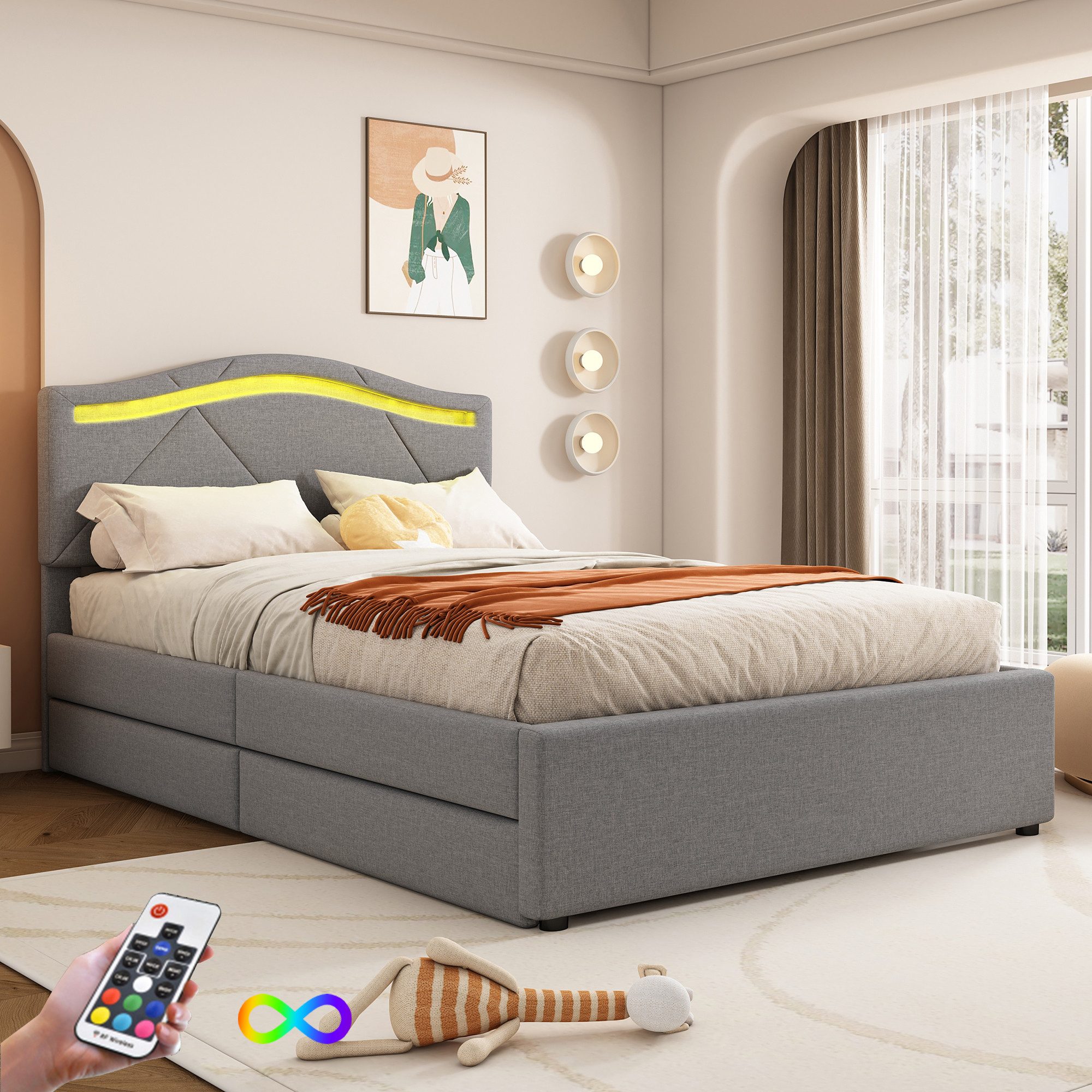 Flieks Polsterbett, LED Einzelbett 90x200cm mit 2 Schubladen und verstellba günstig online kaufen