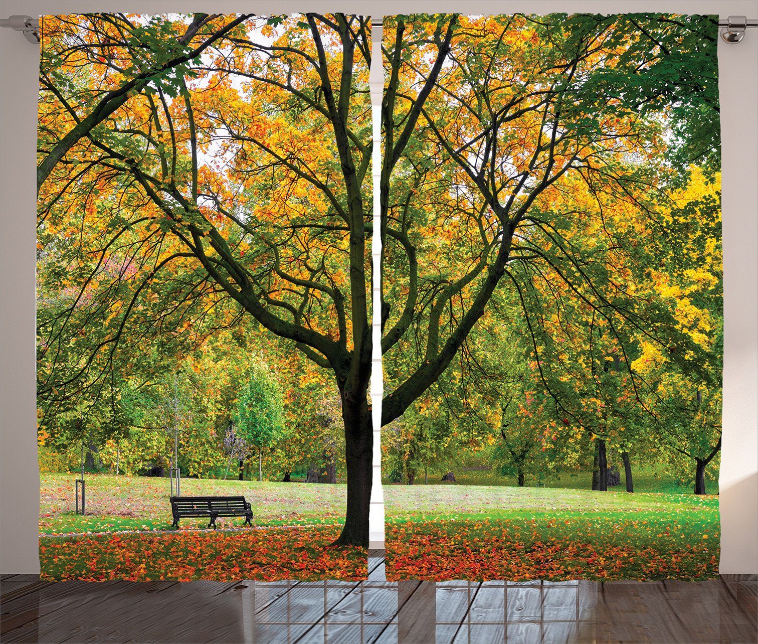 Vorhang und Gardine Herbst-Park Kräuselband Natur mit Blätter Schlaufen Abakuhaus, Fallen Haken, Schlafzimmer