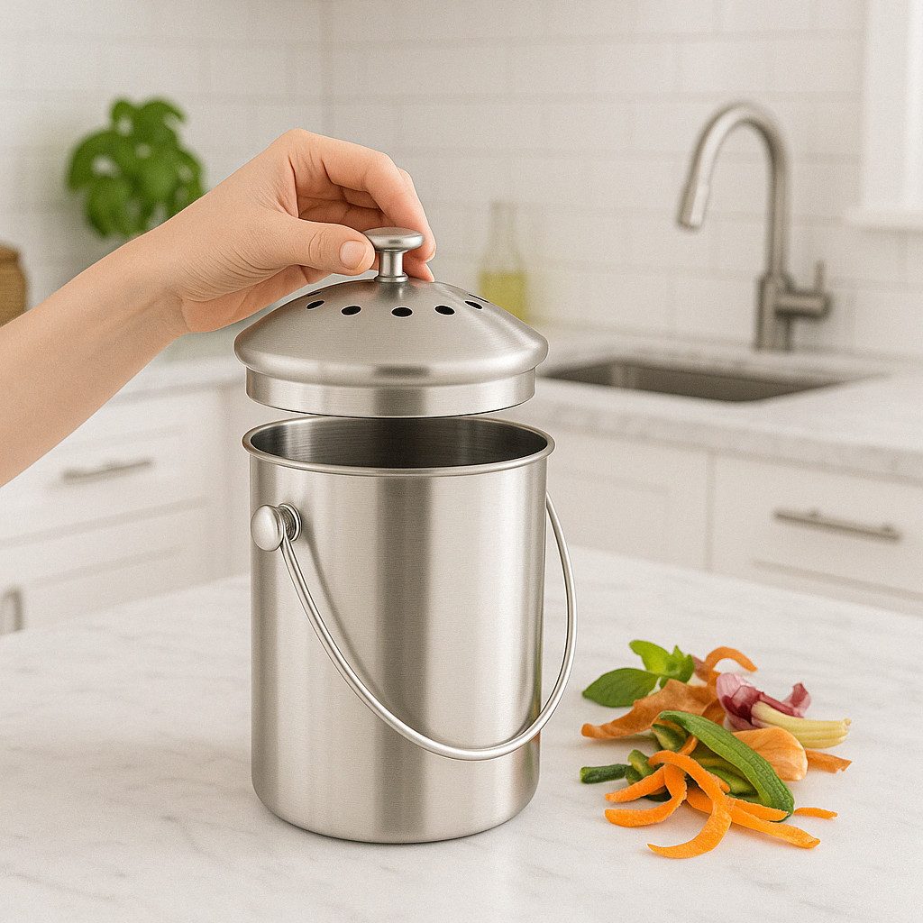little bee fresh Biomülleimer aus Edelstahl, plastikfrei & 100 % geruchsneutral, mit Aktivkohlefiler