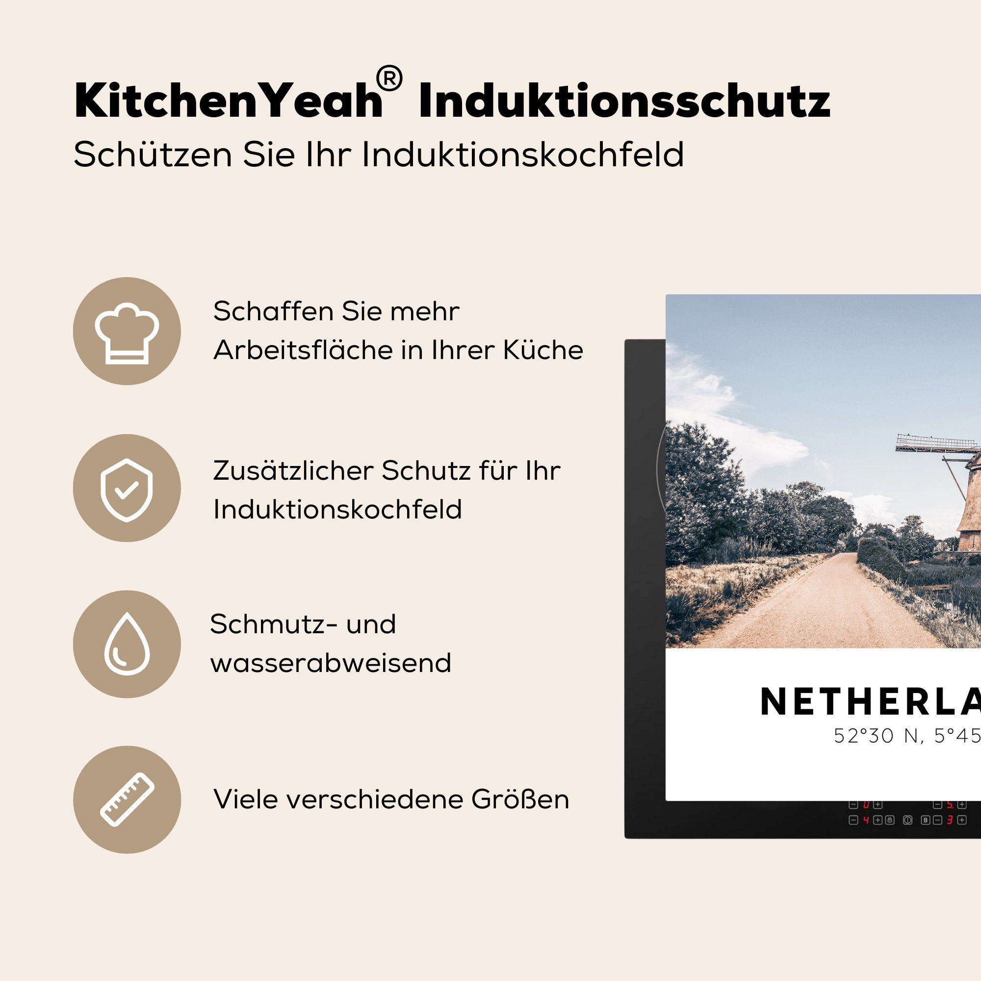 cm, Ceranfeldabdeckung, (1 Niederlande - Arbeitsplatte MuchoWow tlg), Herdblende-/Abdeckplatte Natur, küche für Mühle Vinyl, - 78x78