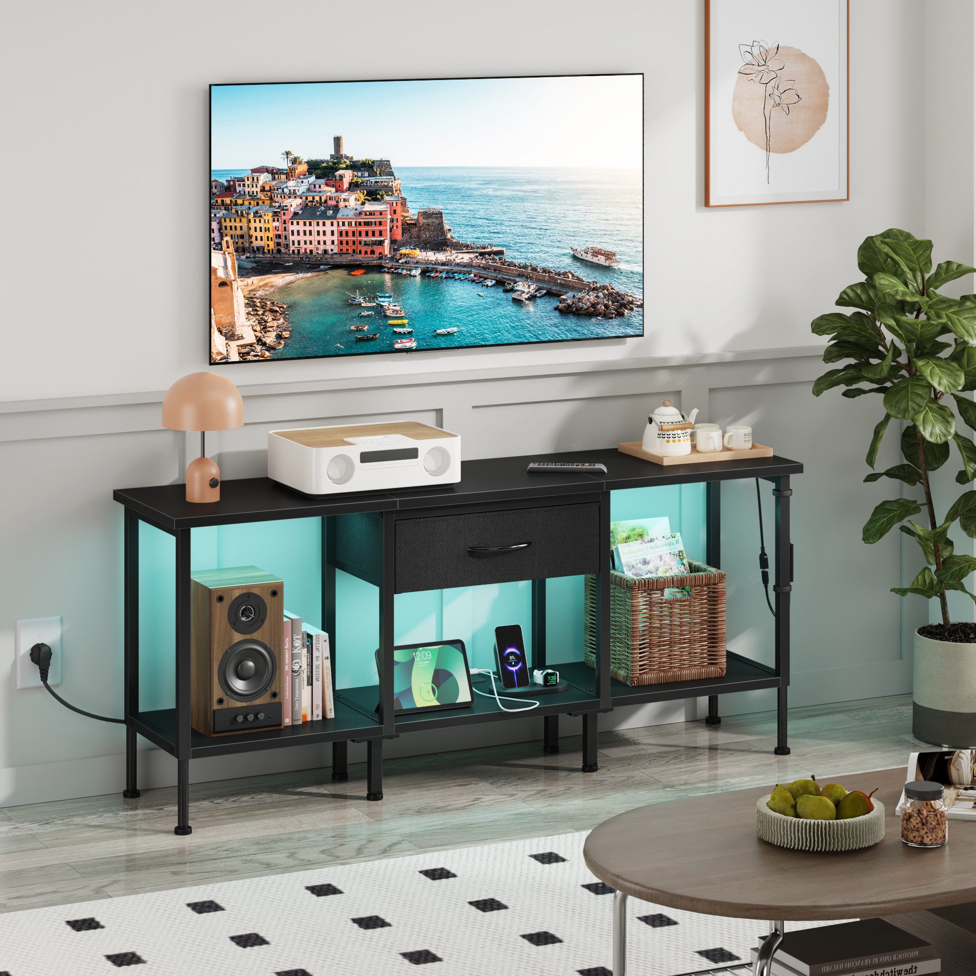 OYRREU TV-Schrank 120cm, Fernsehschrank mit LED-Beleuchtung, Steckdosen & USB App-gesteuerte Mehrfarben-LED-Beleuchtung