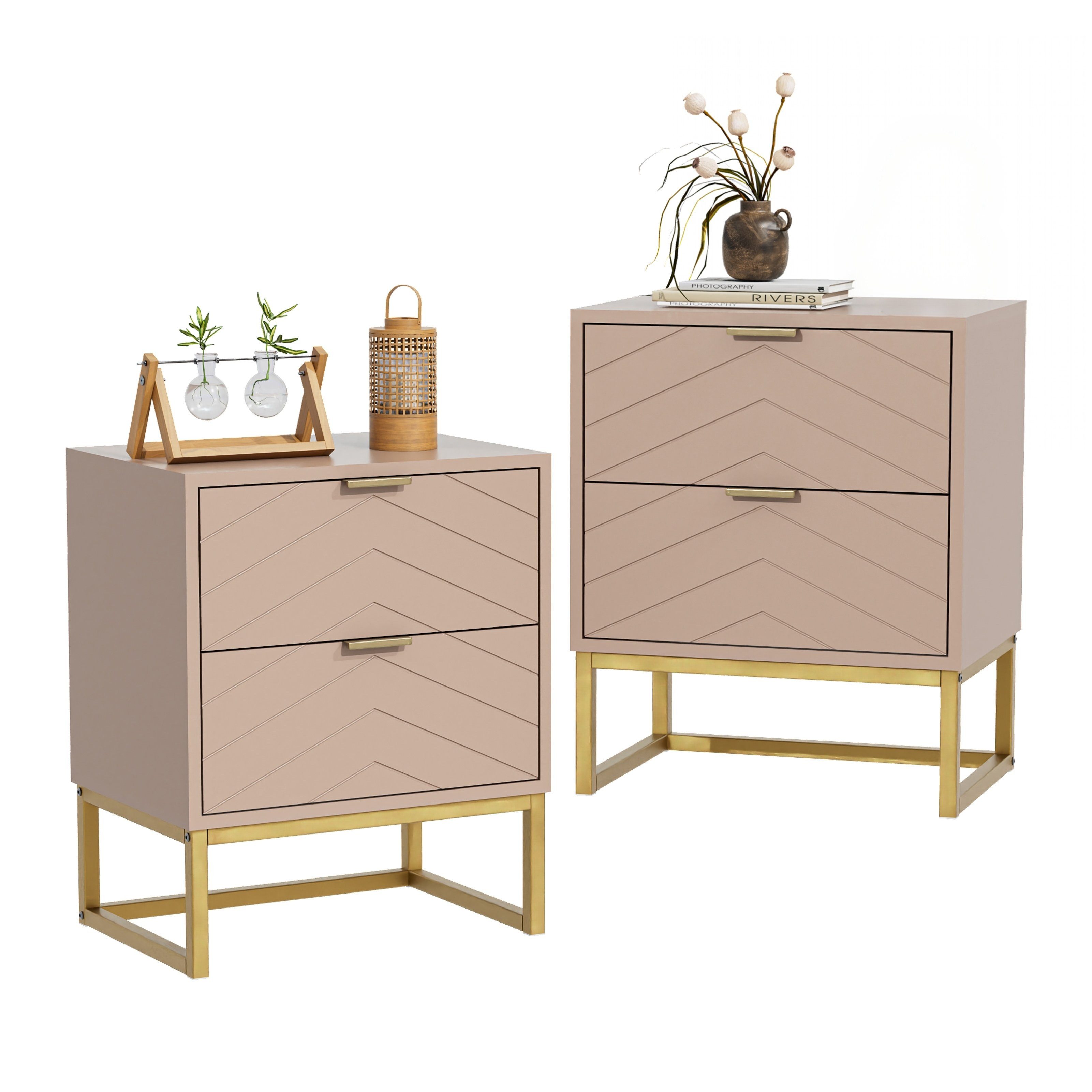UEV Nachttisch 2er Set, Nachtkommode mit Schubladen (Nachtschrank mit 2 Schubladen für Kinderzimmer/Schlafzimmer/Wohnzimmer), kleine Beistelltisch Sofatisch mit Kippschutz & Metallbeine