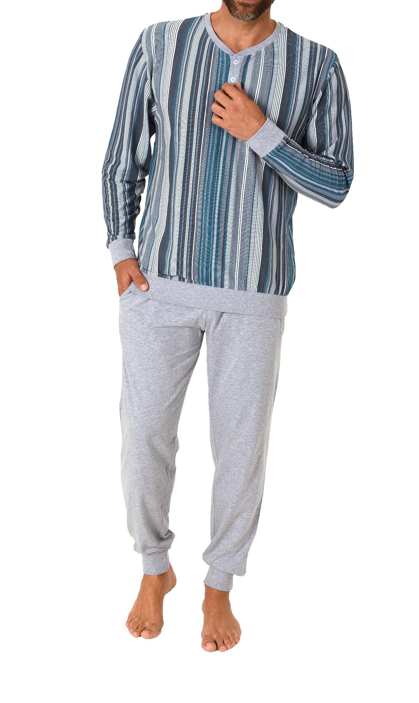 Normann Pyjama Herren Schlafanzug in Streifenoptik, Bündchen und Knopfleist günstig online kaufen