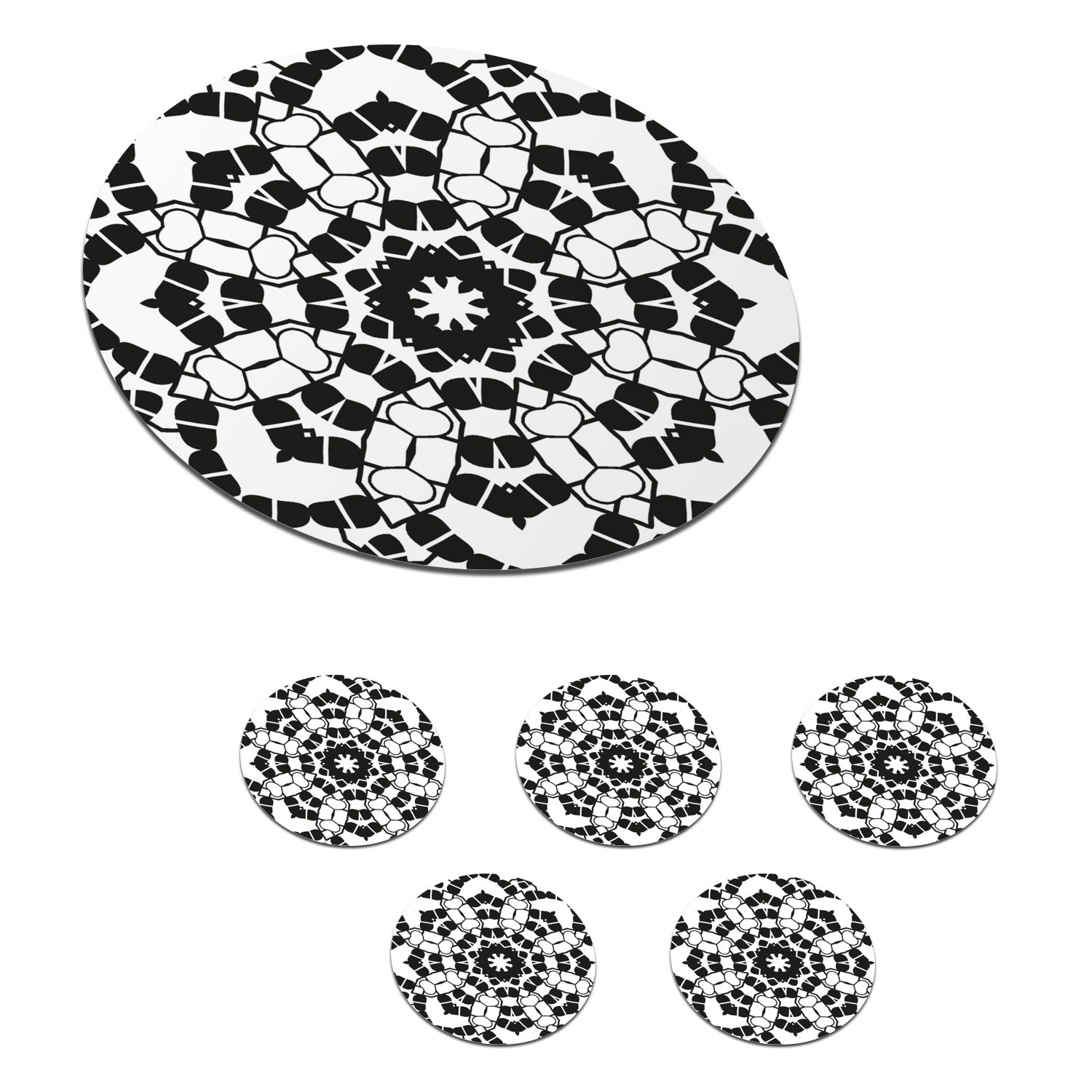 MuchoWow Glasuntersetzer Mandala - Schwarz und Weiß - Muster, Zubehör für Gläser, 6-tlg., Getränkeuntersetzer, Tassenuntersetzer, Korkuntersetzer, Tasse, Becher