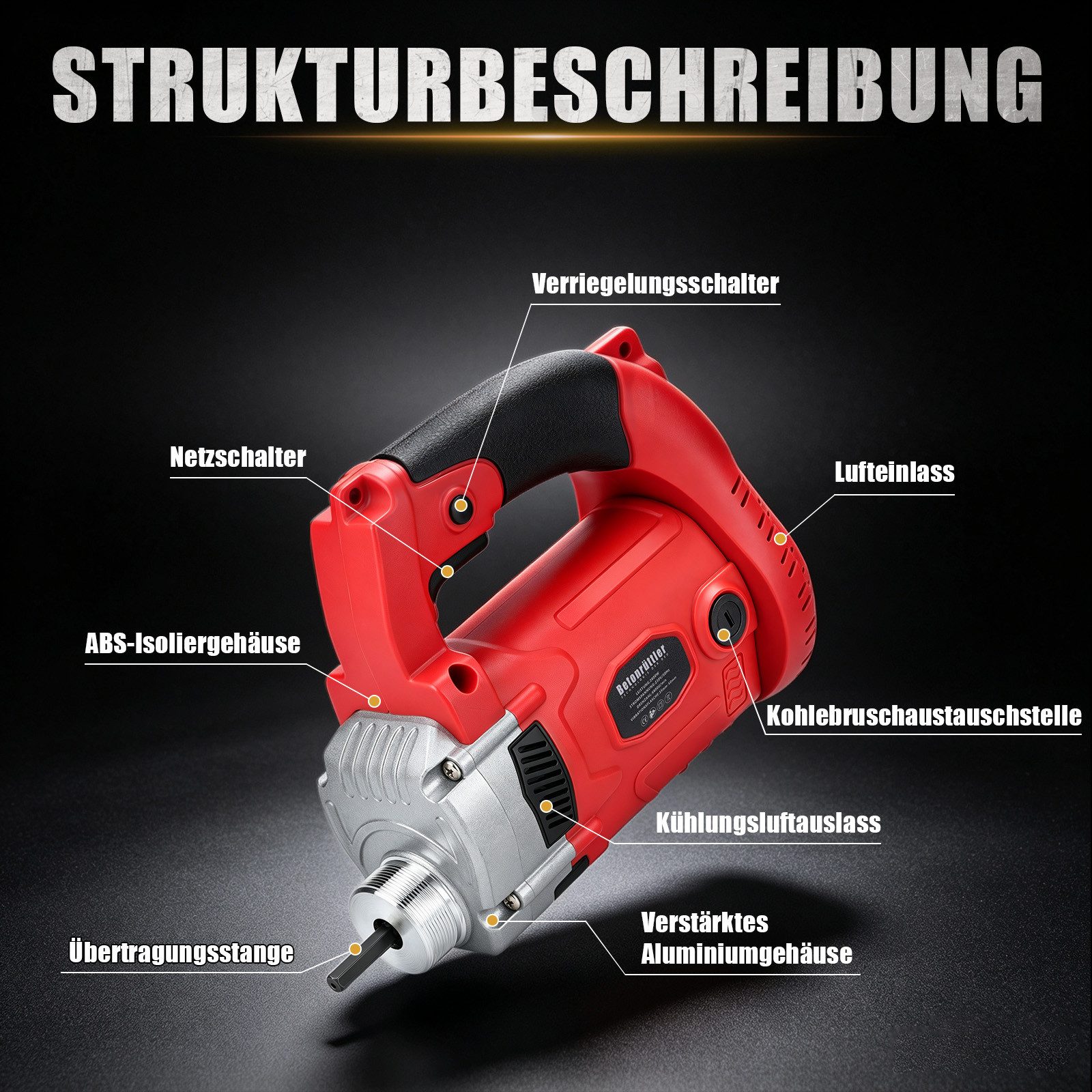 XIIW Innenrüttler 2800W Betonrüttler Flaschenrüttler Betonverdichter Beton Rüttelflasche, 2800 in W, Schlauchlänge: 300 in cm, (38 mm, 6800 U/min, Kupfermotor), Handrüttler für Betonbauanlässe