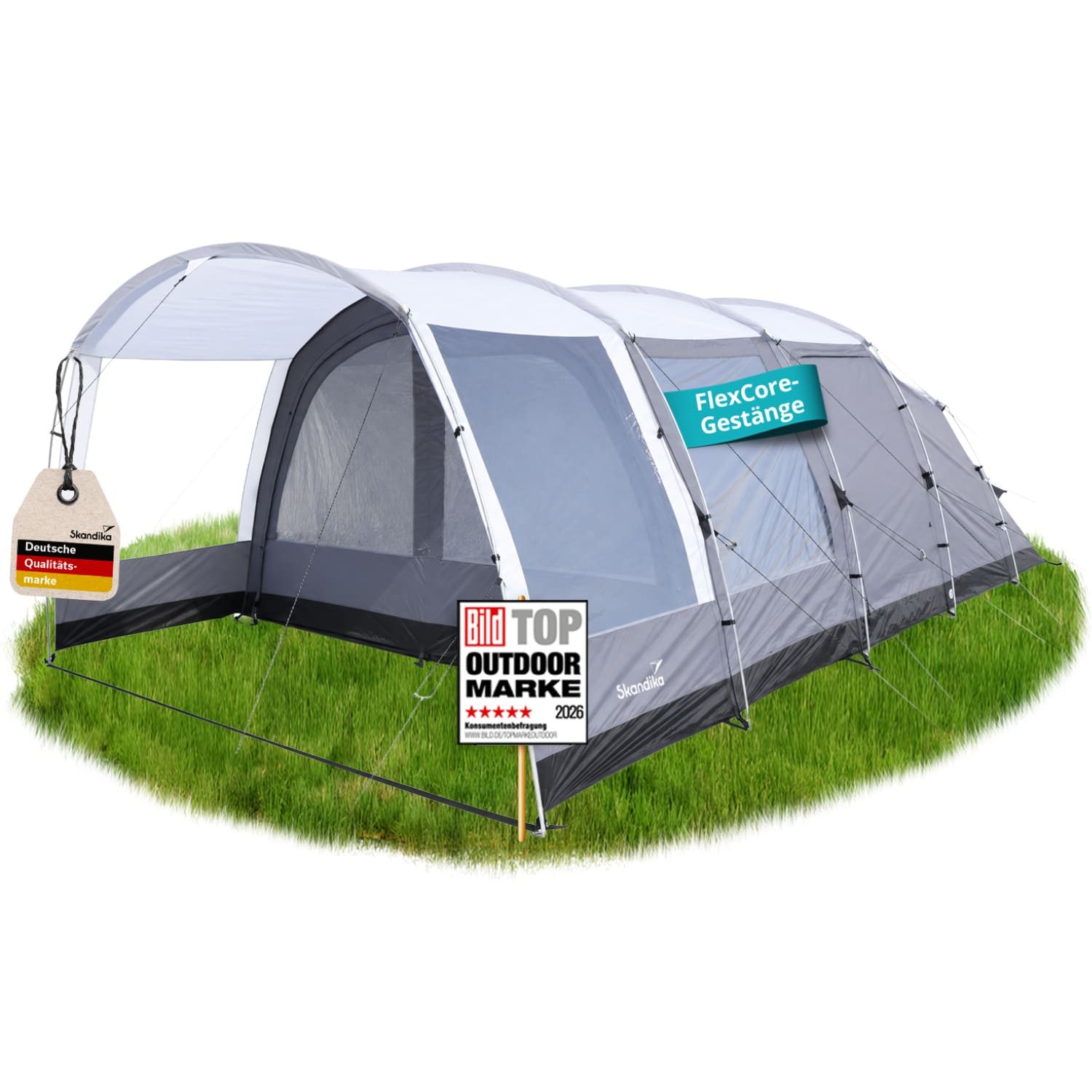 Skandika Tunnelzelt Svalgard 6 Sleeper Protect, FlexCore-Gestänge, eingenähter Zeltboden, Personen: 6 (schwarzes Kabine, Wassersäule 5000 mm, Innenhöhe 210 cm), Tragetasche, Haken für Campinglampe, Maße 655 × 380 x 210 cm