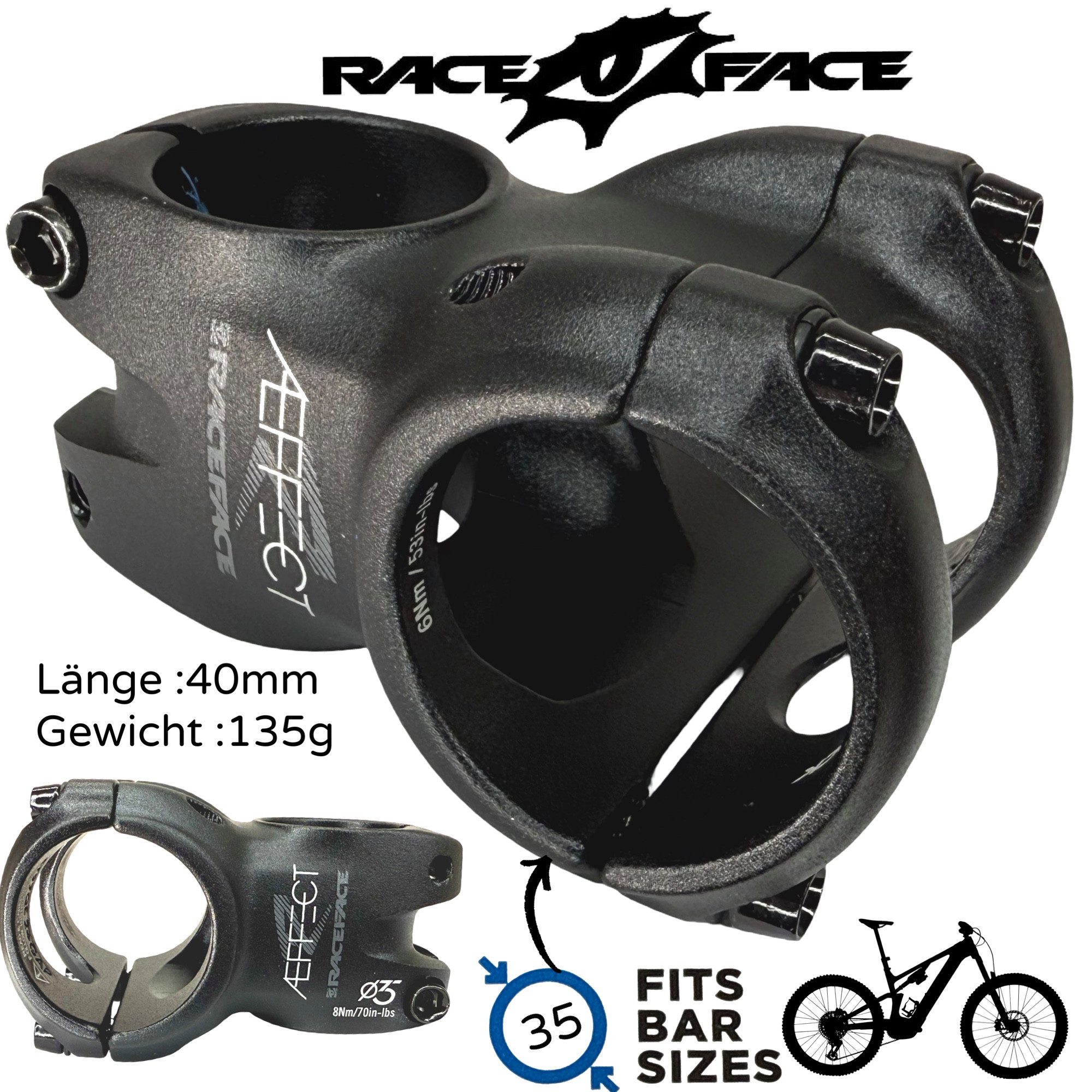 Race Face Fahrradlenker Race Face Vorbau Aeffect-R MTB FR DH Ebike 40mm Fat 35 x 0° Schwarz