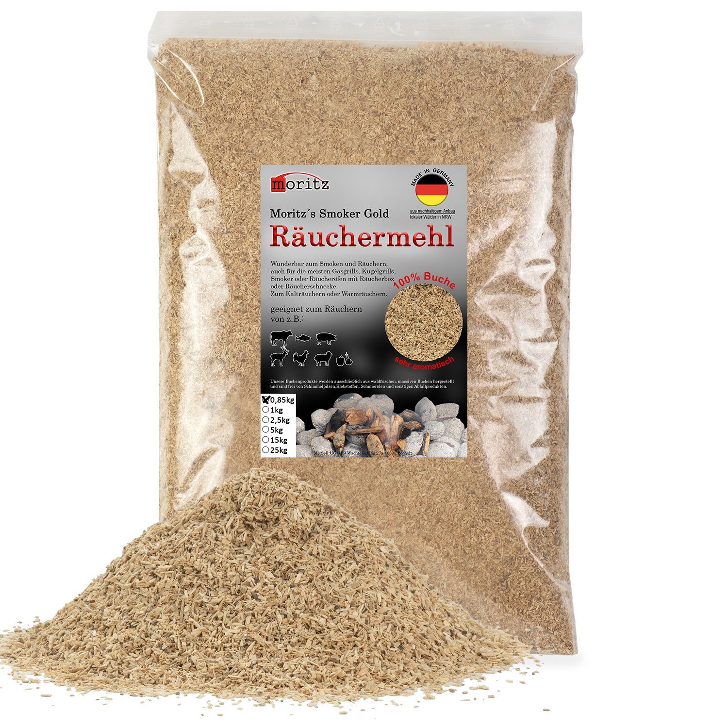 Moritz Räucherbox 0,85kg Räuchermehl Buche fein 0,5 -1 mm zum smoken, räuchern/kalträuchern von Fleisch, Fisch, Gemüse geeignet