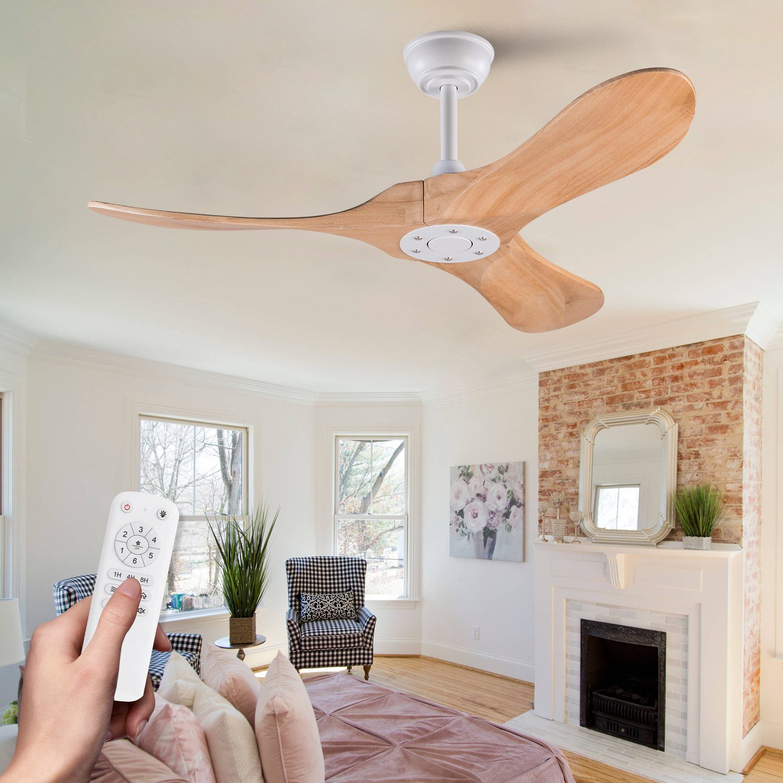 FELIXLEO Carbonheizlüfter Deckenventilator 52" Naturholz, 3 Holzflügel, Propeller, Fernbedienung