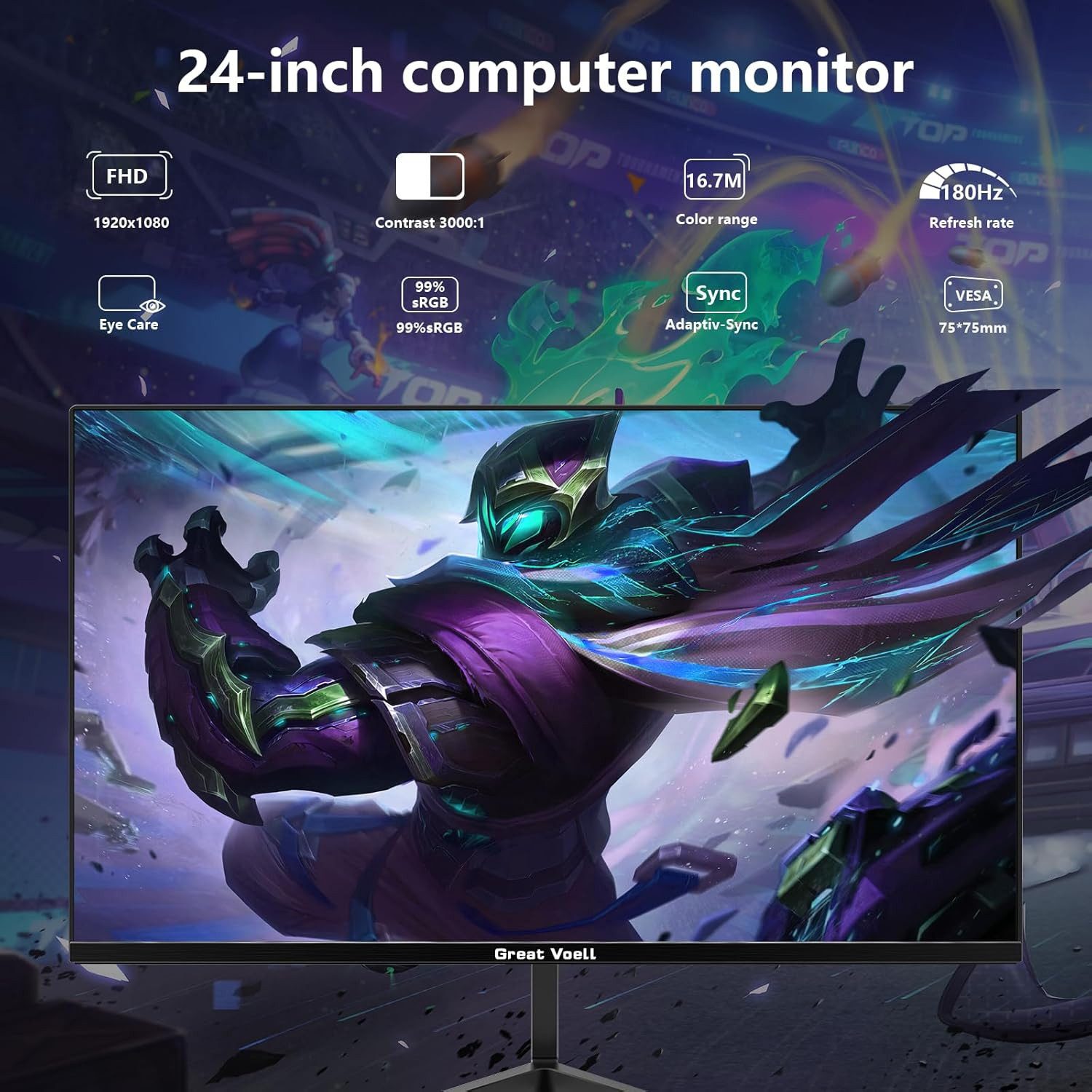 Great Voell 24 Zoll FHD-1080p-Monitor, AMD FreeSync, HDR, 180Hz Gaming-Monitor (60,5 cm/24 ", 1920 x 1080 px, FHD, 1 ms Reaktionszeit, 180 Hz, VA LED, FreeSync, HDR 10, Niedriges blaues Licht, 180Hz, 1080px)