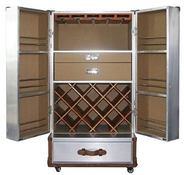 Casa Padrino Weinschrank Luxus Weinschrank Silber / Braun 63 x 52 x H. 130 cm - Aluminium Kofferschrank mit Echtleder - Barschrank im Koffer Design - Luxus Bar Möbel
