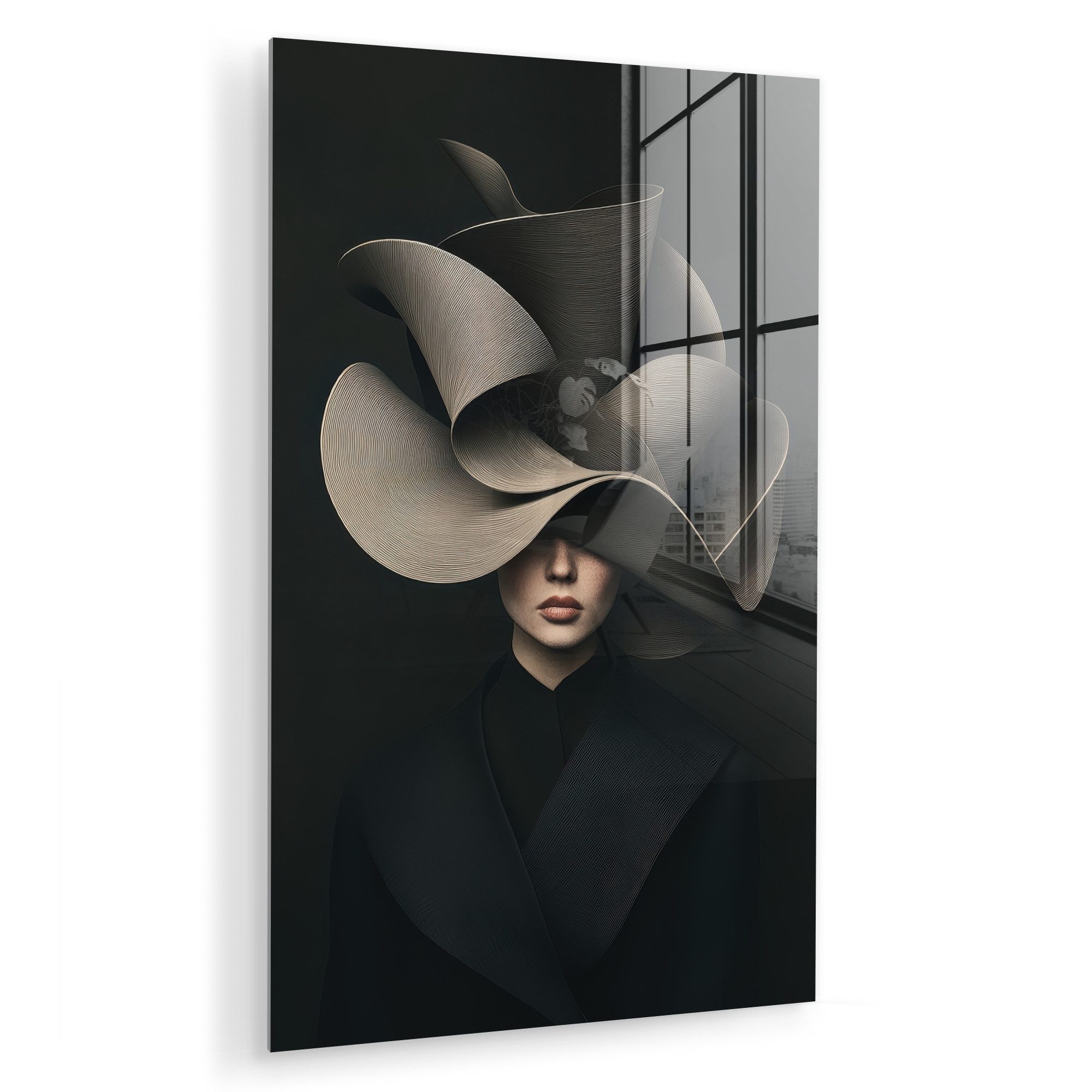 MuchoWow Acrylglasbild Schwarz - Hut - Frau, Inkl. Aufhängung, Dekorative Bild für Küche & Wohnzimmer auf Glas, 20x30 cm