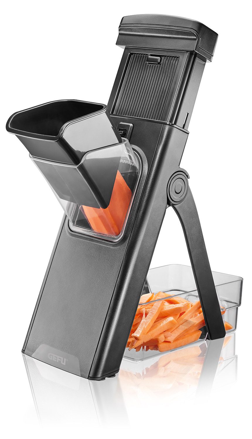 GEFU Овощерезка All-in-One, praktischer Gemüse-Hobel, sparsam verstaubar, Kunststoff, (Set, Ломтерезки mit Auffangehälter, Reinigunsbürste und Schutzkappe), leichtes Verstellen der Klingen durch Drehräder auf der Rückseite
