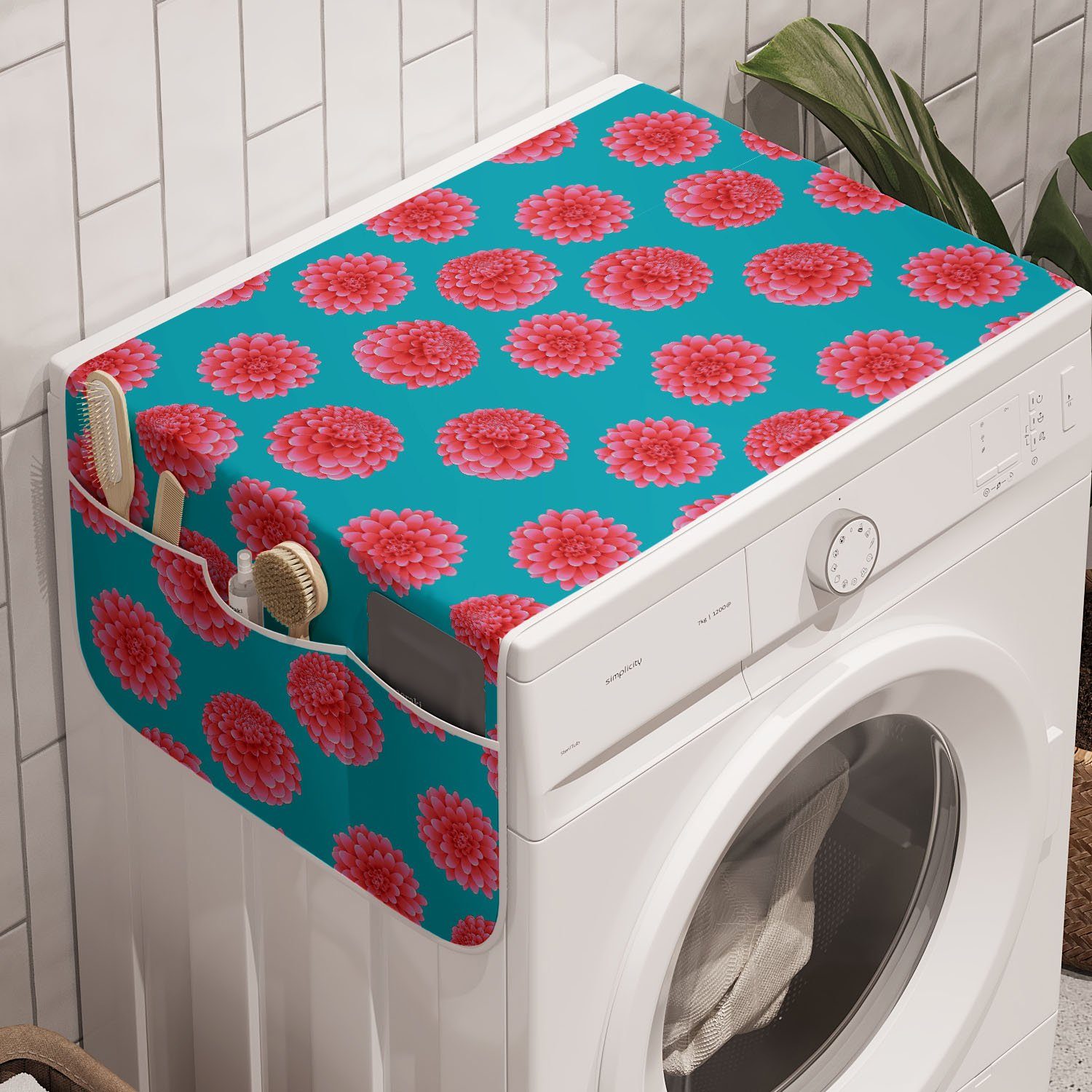 Abakuhaus Badorganizer Anti-Rutsch-Stoffabdeckung für Waschmaschine und Trockner, Blau Und Pink Vibrant Dahlia Petals