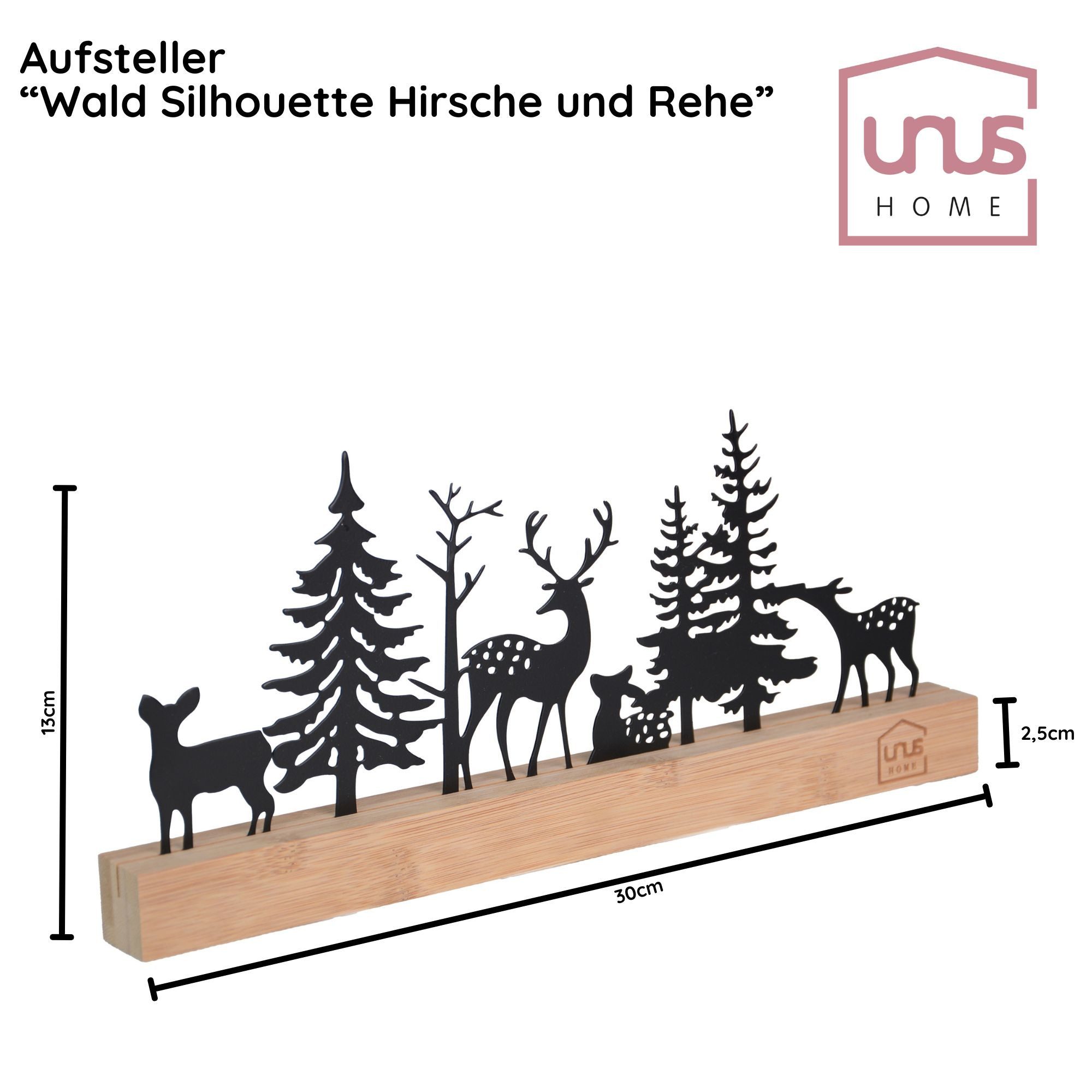 UNUS HOME Dekofigur Aufsteller Wald Hirsch, Rehe Silhouette (schwarz), Wald-Silhouette aus Metall und Bambus-Holz Wohndekoration – Bild 4 von 4