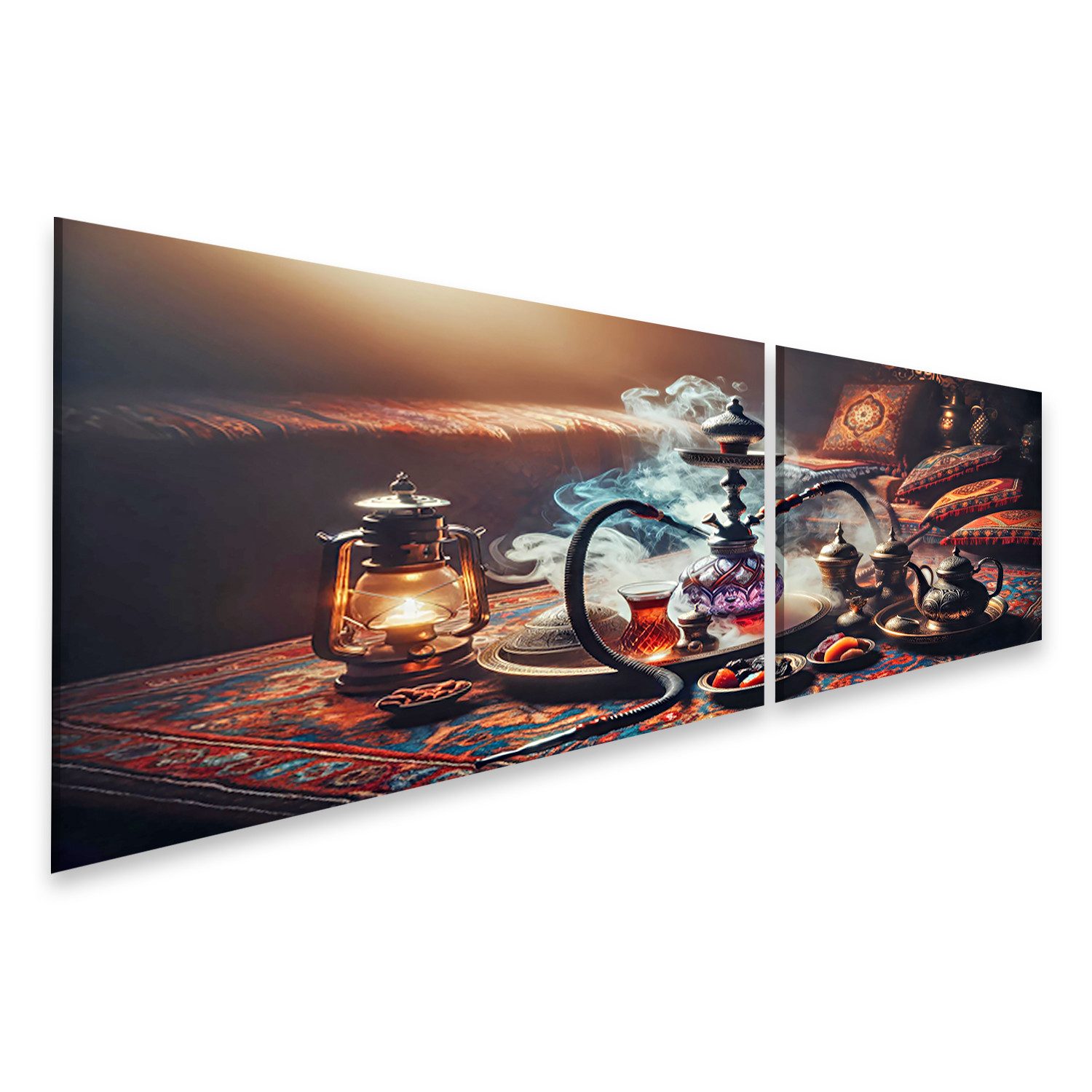 Leinwandbild Orientalische Wasserpfeife mit Rauch auf Teppich für Shisha Bar