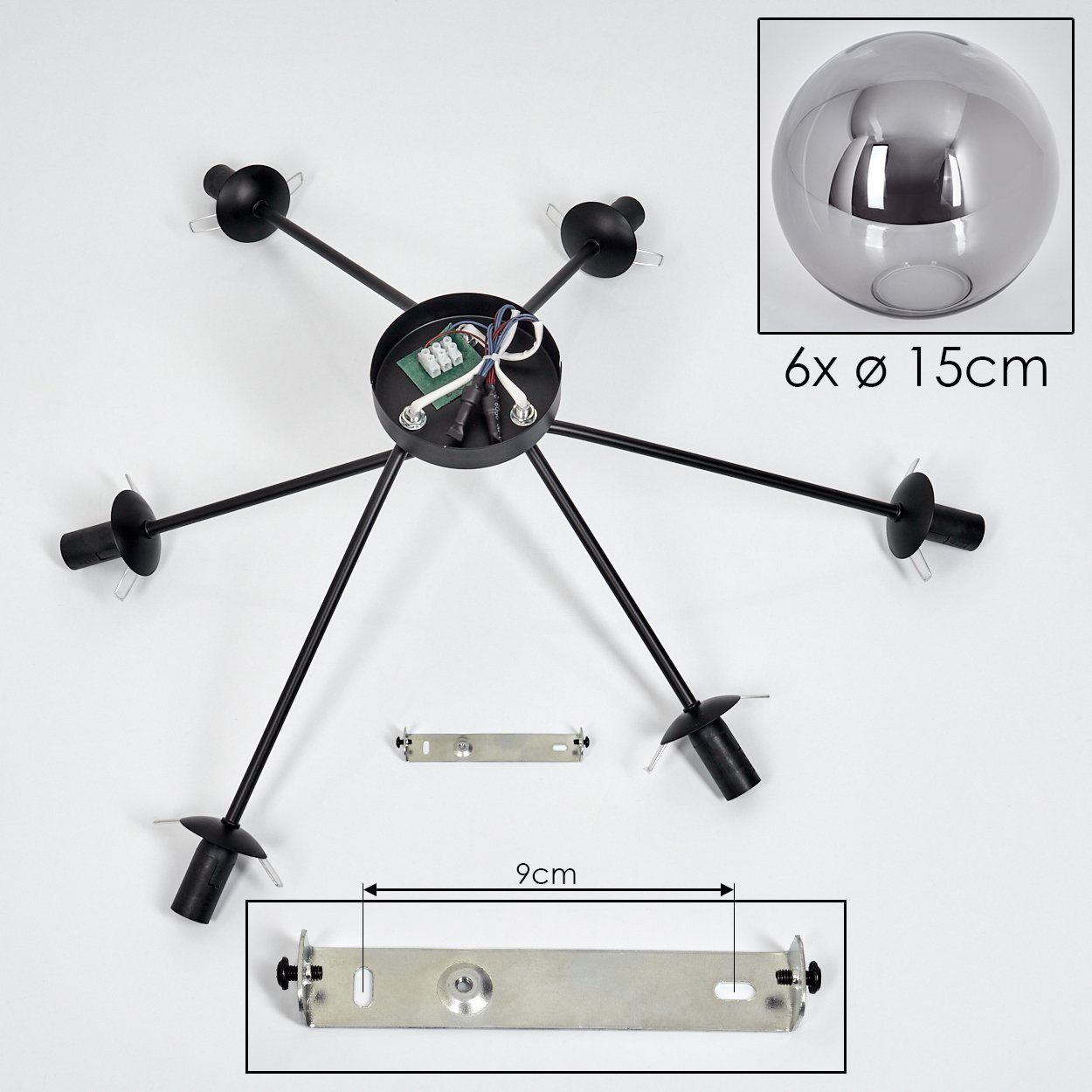 hofstein Deckenleuchte Deckenlampe aus Metall/Glas in Schwarz/Rauchfarben, ohne Leuchtmittel, moderne Leuchte mit Glasschirmen (15 cm), 6 x E14, ohne Leuchtmitt – Bild 5 von 5