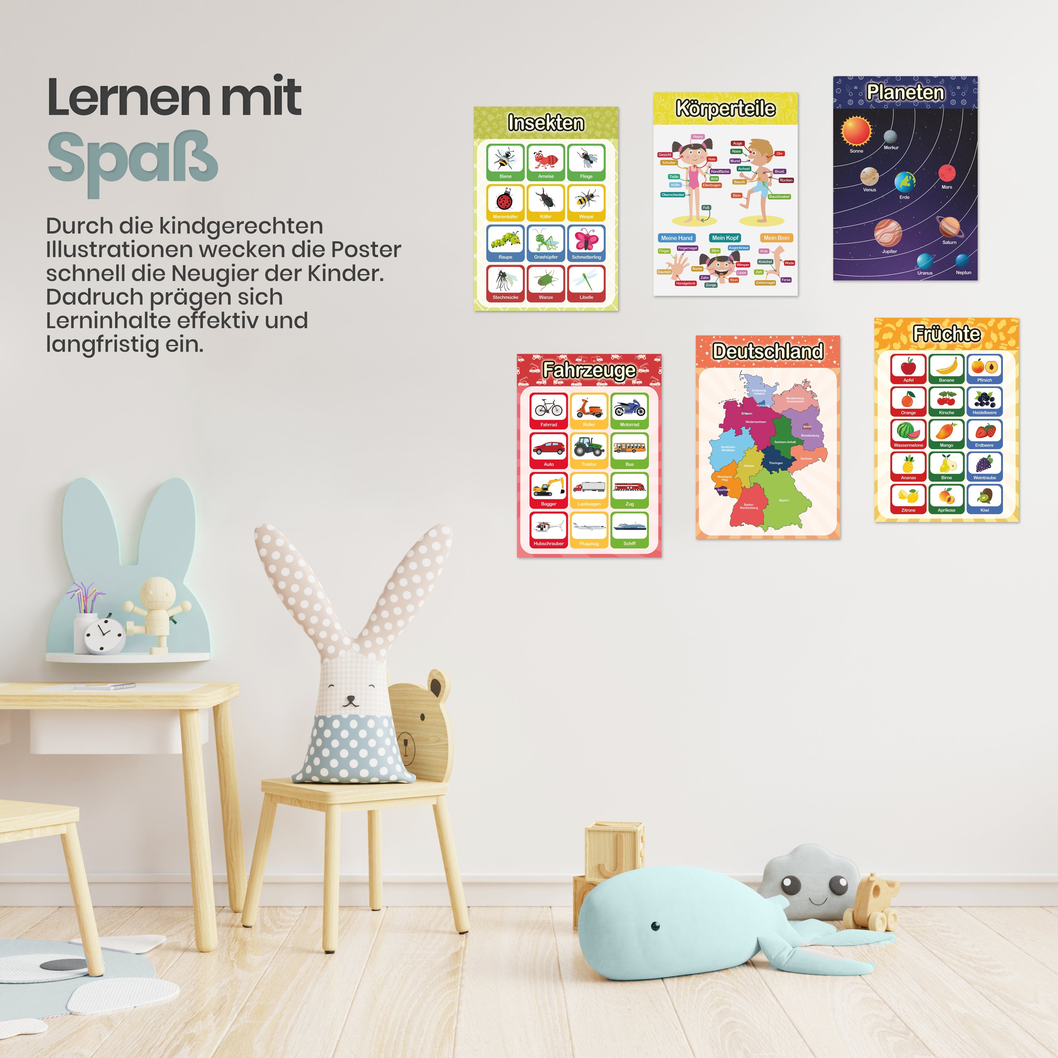 Likarto Poster 12 pädagogische Montessori Lernposter, Grundlagen 2, Extra dickes Papier und beidseitig laminiert, lernen