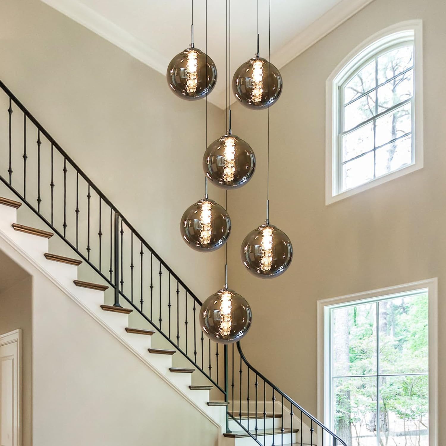 ZMH LED Pendelleuchte 6-Flammig Esstisch Höhenverstellbar aus Glas in Farbe Grau Amber, mit 6x G9 LED-Leuchtmittel 3W, Warmweiß, Nicht Dimmbar