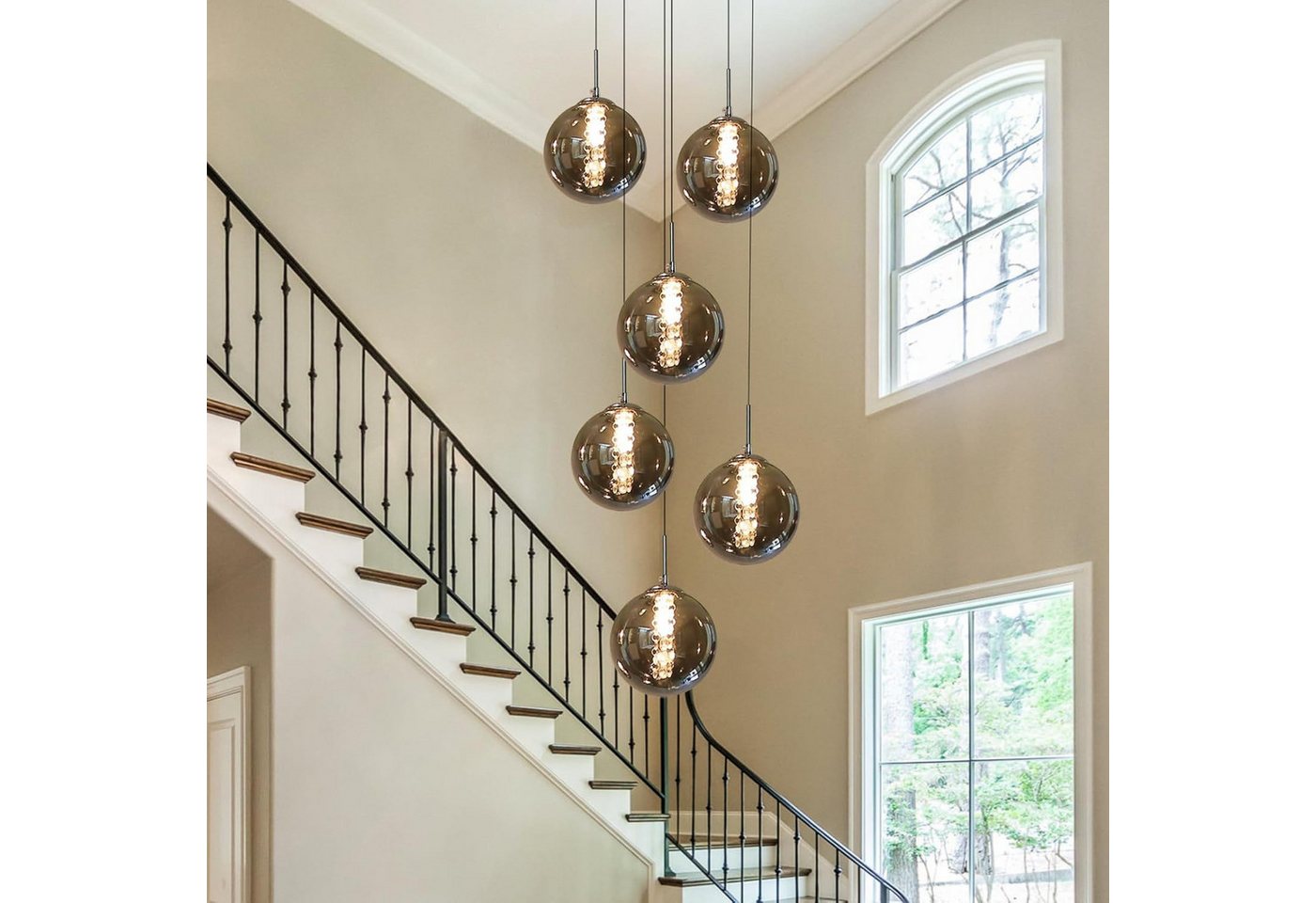 ZMH LED Pendelleuchte 6-Flammig Esstisch Höhenverstellbar aus Glas in Farbe Grau Amber, mit 6x G9 LED-Leuchtmittel 3W, Warmweiß, Nicht Dimmbar