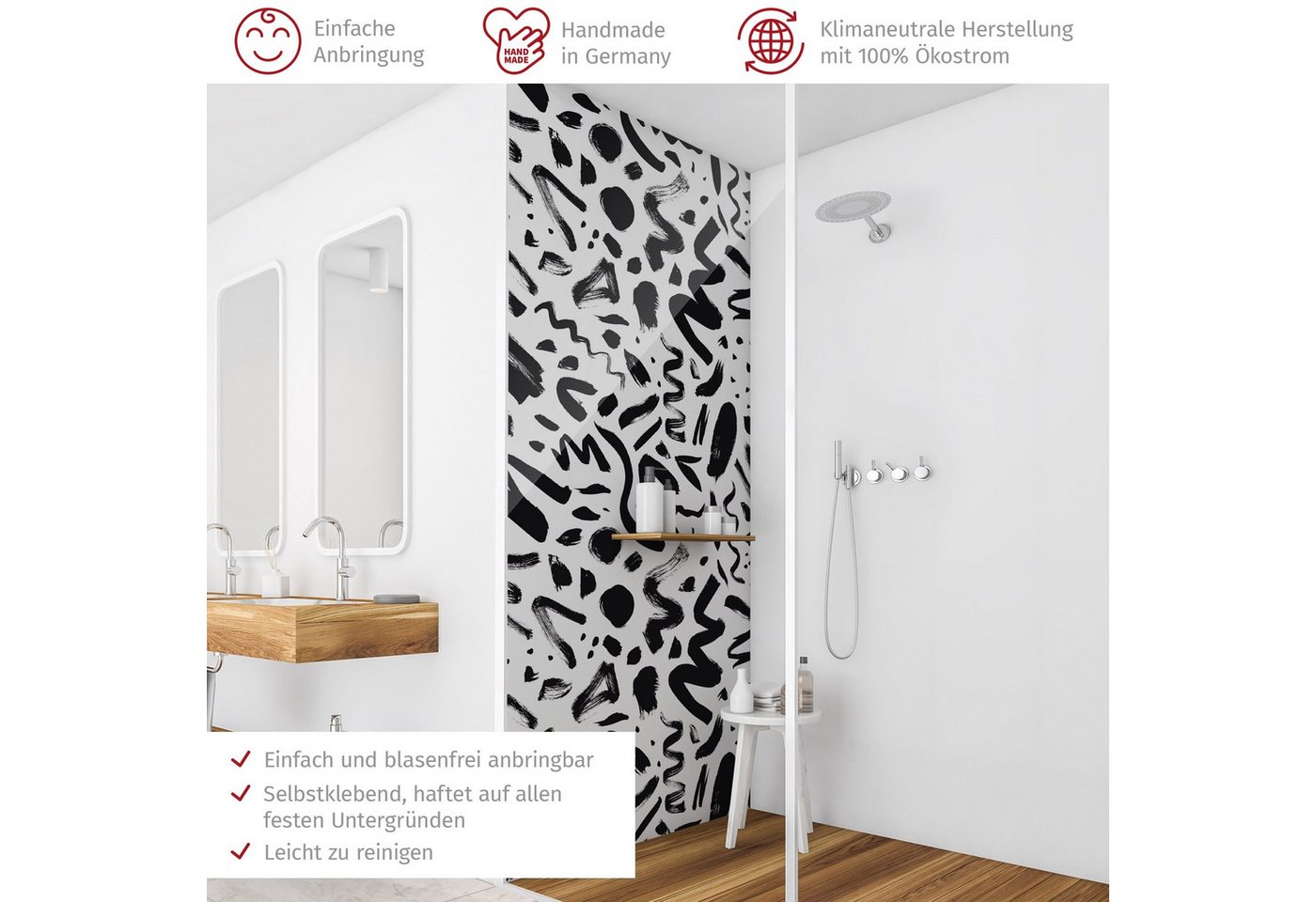 Thumbnail - Bilderdepot24 Badrückwand Muster schwarz weiß Duschrückwand ohne Bohren Dusche, (1-tlg., Hart-Folie Premium matt 0,61 mm...