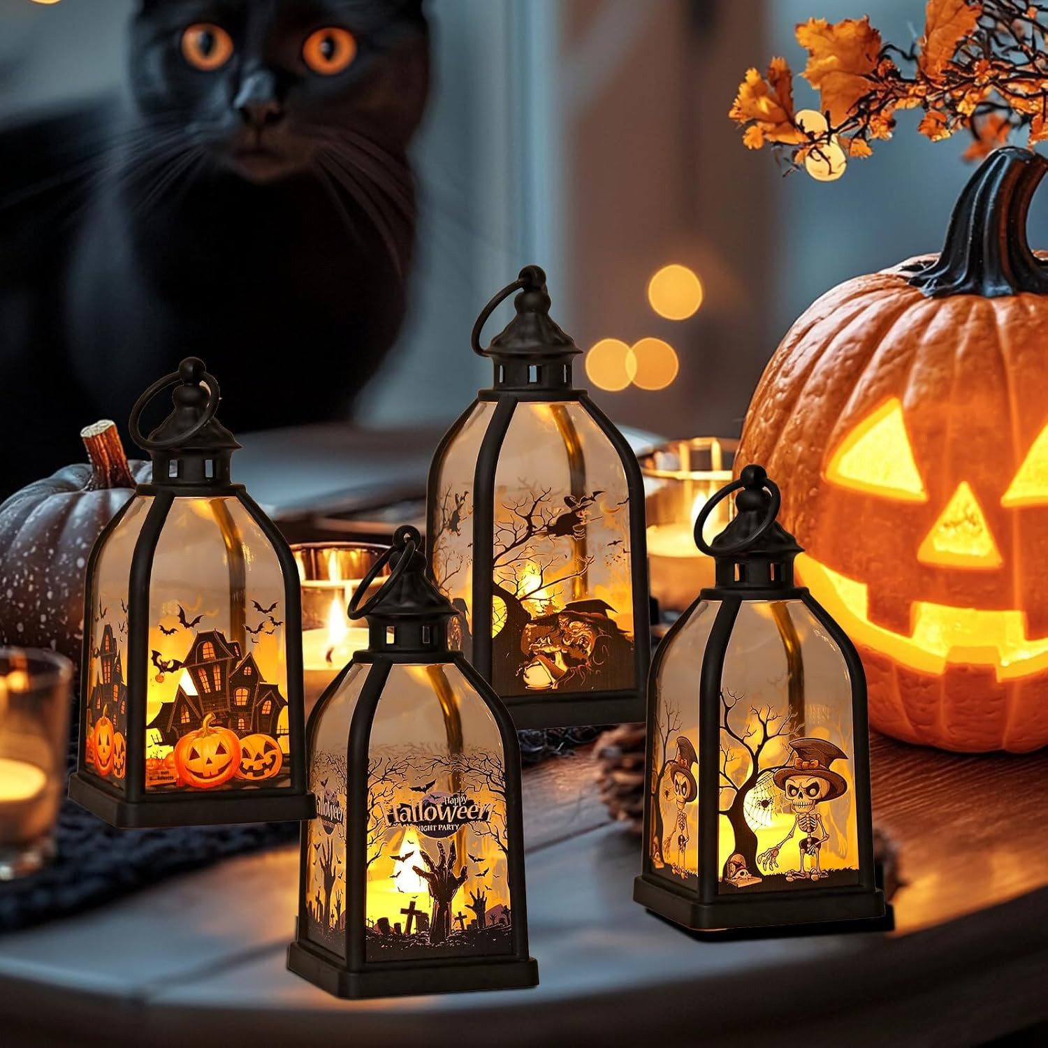 FELIXLEO LED Laterne 4 Stück Halloween Laternen, 15 cm LED-Kerzenlaternenmit Hexe und Geist – Bild 3 von 5