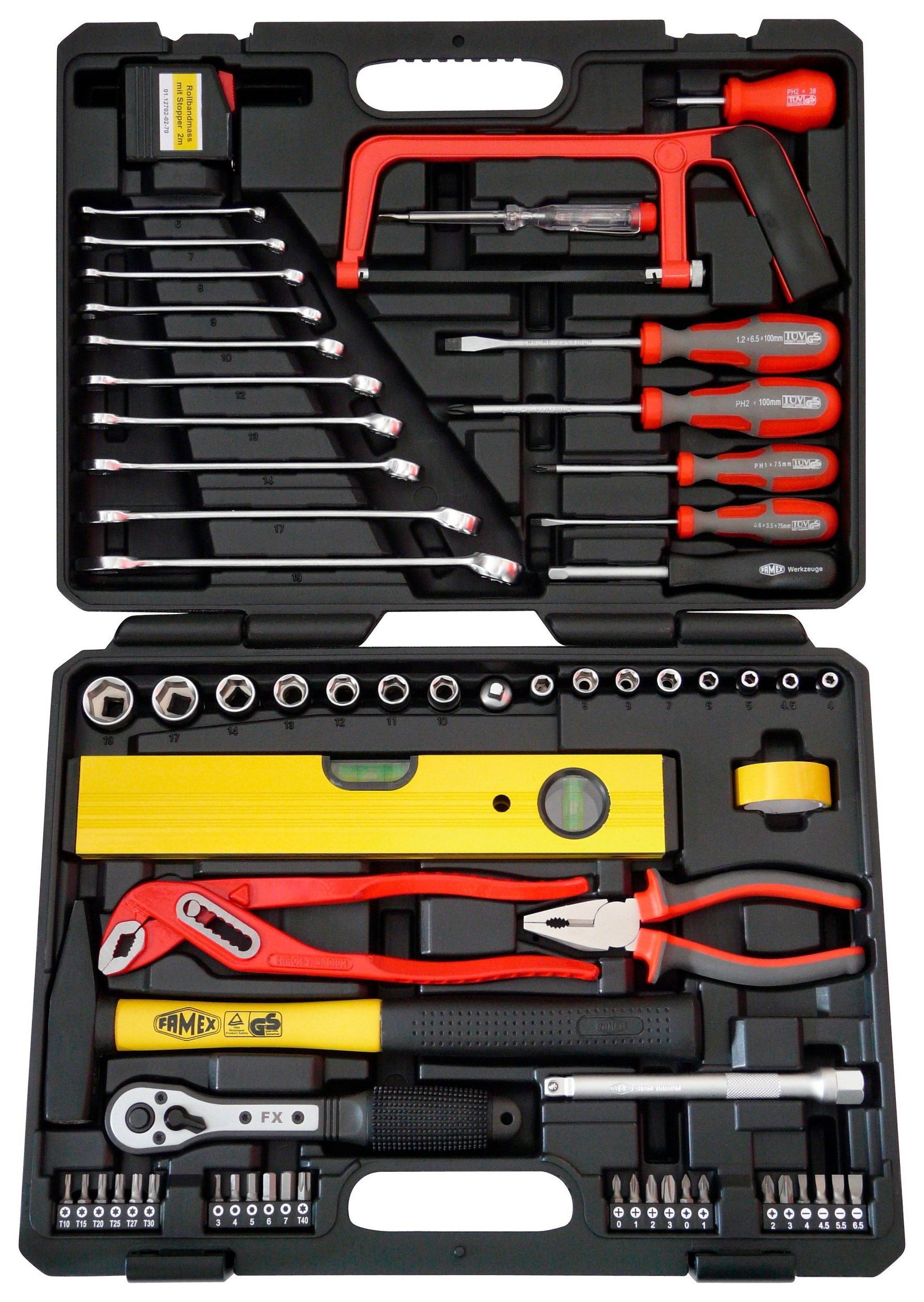 FAMEX Werkzeugset 145-55 Werkzeugkoffer mit Werkzeug - Werkzeugkasten  gefüllt, (Werkzeugkoffer, 67-St), für den Heimwerker