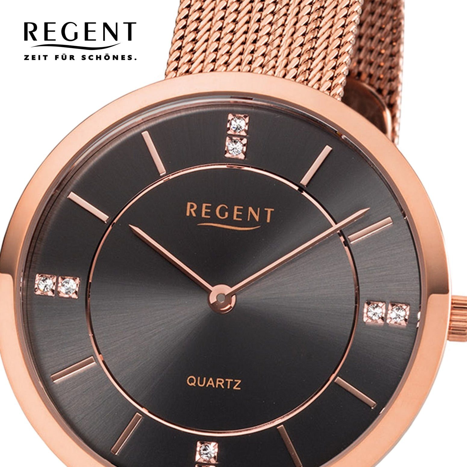 Regent Quarzuhr Regent Damen Uhr F-1157 Metall Quarz, Damen Armbanduhr  rund, mittel (ca. 34mm), Metallarmband