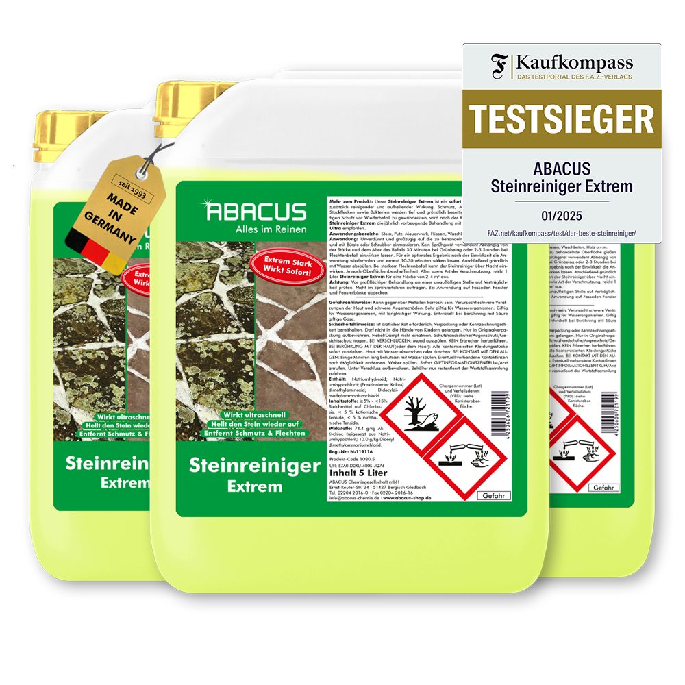 ABACUS Steinreiniger Extrem, Flechtenentferner, Steinreiniger Intensiv außen Grünbelagentferner (Entfernt sofort Algen, Schmutz, Grünbelag und Flechten, [- 15L Steinreiniger Extrem mit Sofortwirkung)