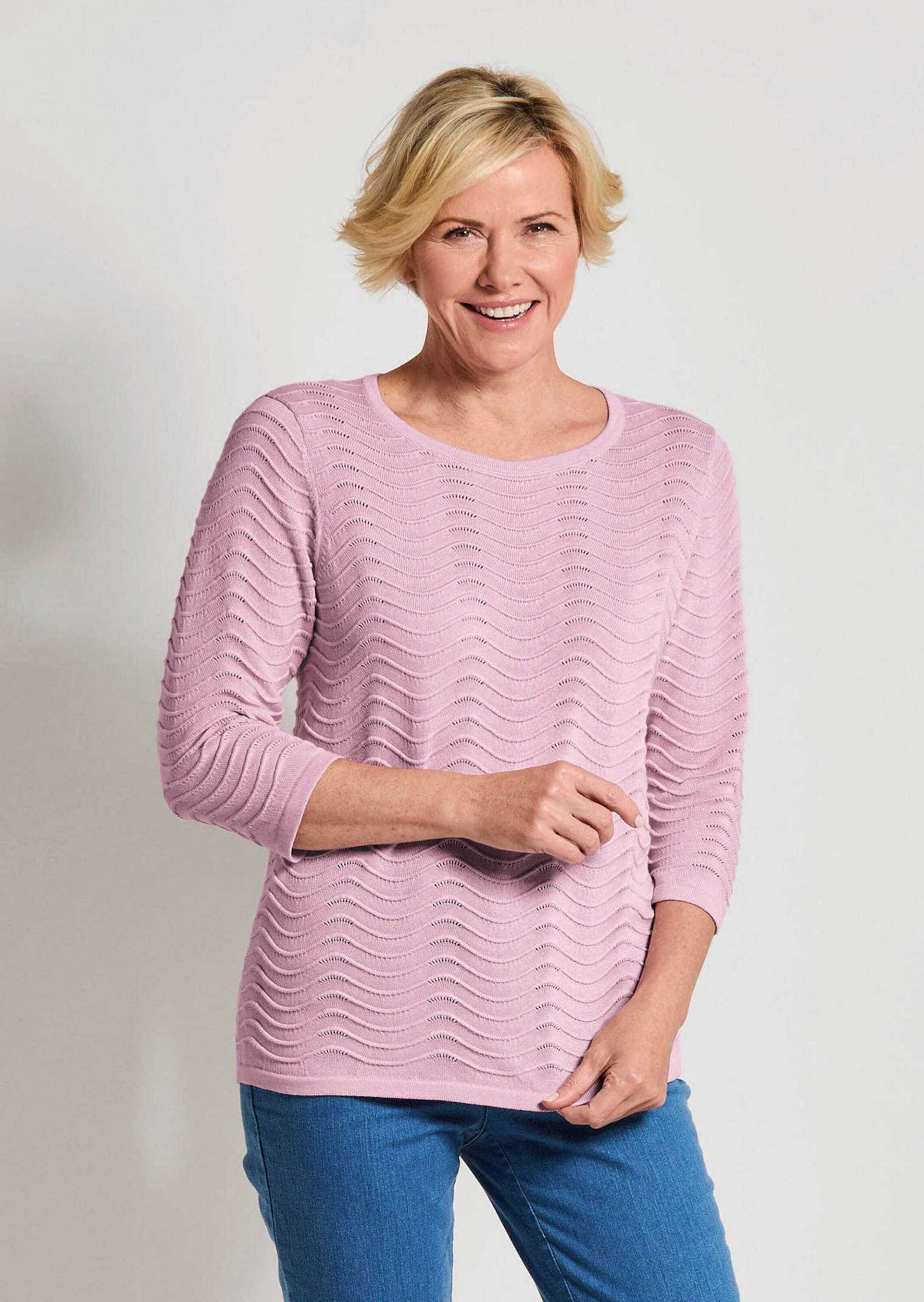 GOLDNER Strickpullover Kurzgröße: Sommerpullover mit Wellenstruktur Baumwollpullover mit Rundhals und 3/4-Ärmeln