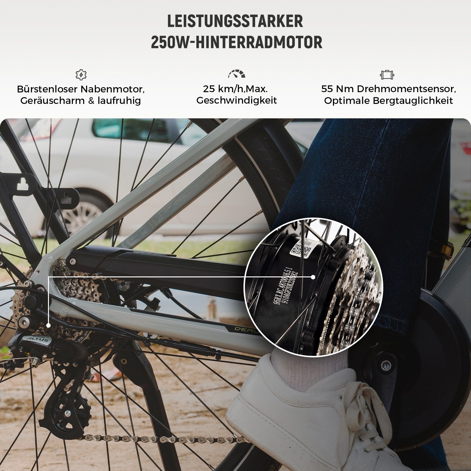 DERUIZ E-Bike Cityrad Quartz M 250W 55 Nm Drehmomentsensor, bis 25 km/h,121 km, 8 Gang Shimano Altus Schaltwerk, Heckmotor, 483 Wh