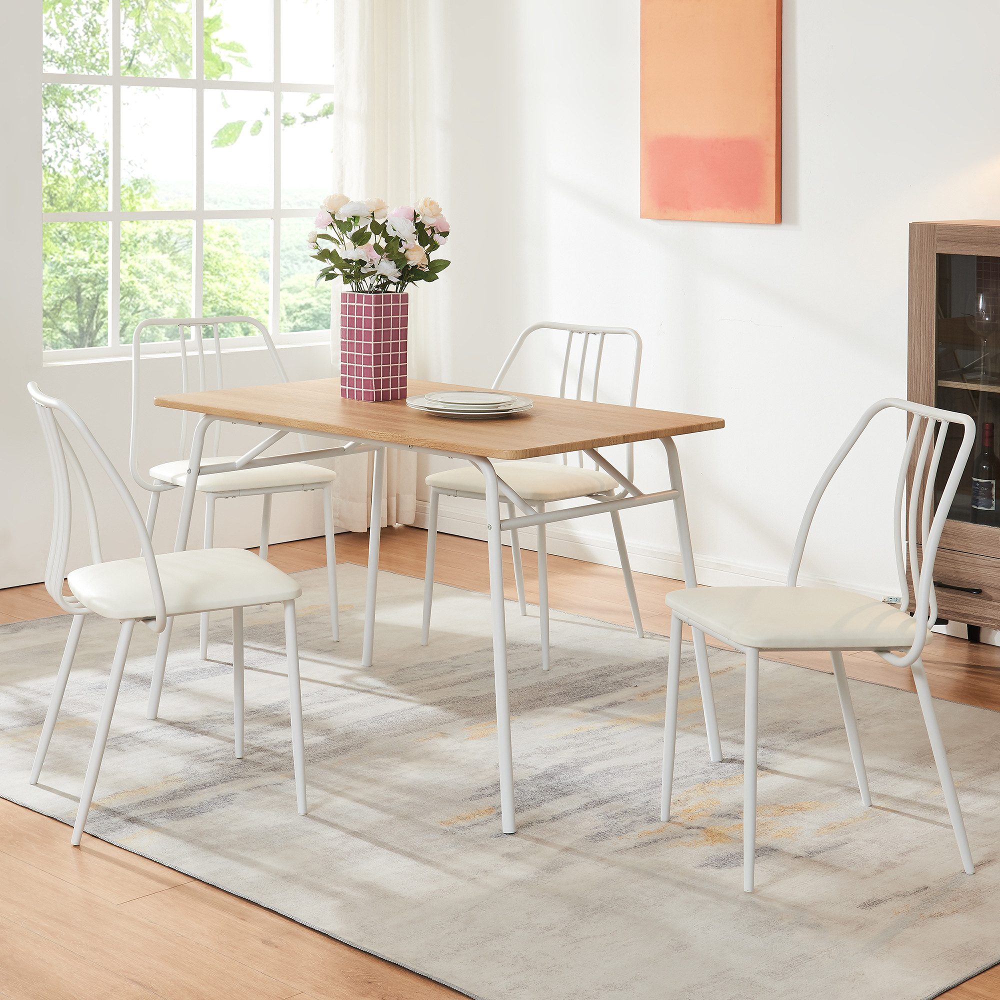 en.casa Essgruppe, (5-tlg), »Omso« 110 x 70 cm rechteckige Tischplatte Eicheoptik/Weiß