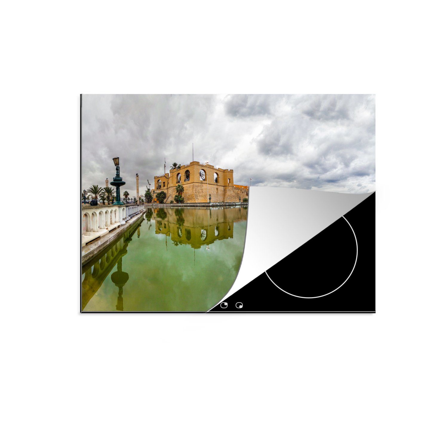 Arbeitsfläche Herdblende-/Abdeckplatte Wasser Tripolis, Ein cm, Vinyl, in Schloss tlg), (1 70x52 Mobile Ceranfeldabdeckung nutzbar, MuchoWow am