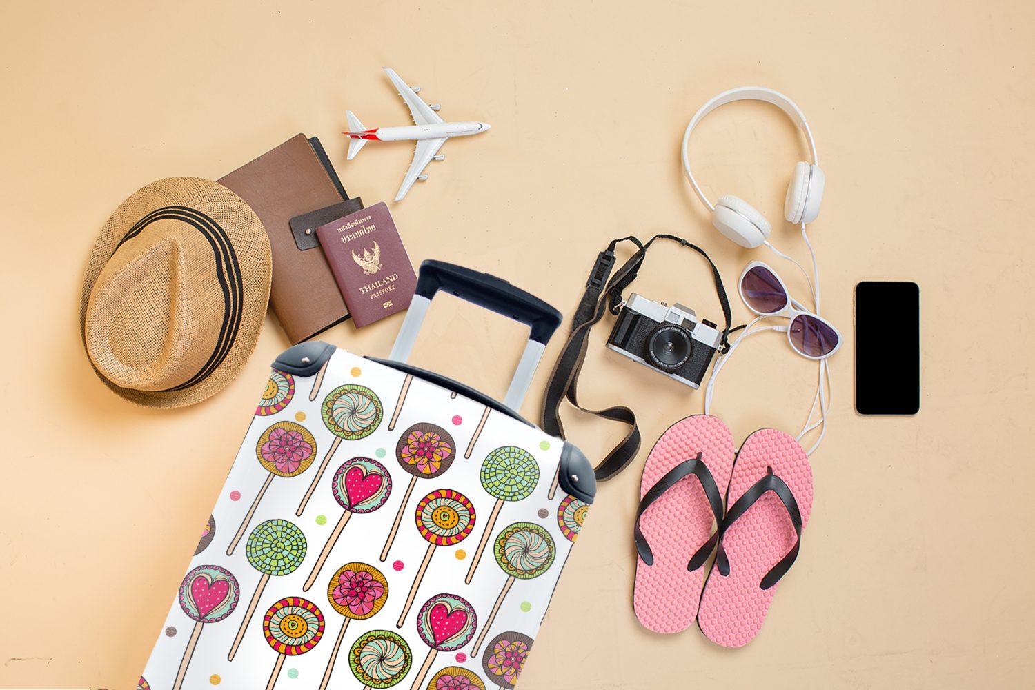 MuchoWow Handgepäckkoffer Muster - Lollipop für 4 Trolley, - - Ferien, mit Rollen, Reisetasche rollen, Süßigkeiten, Reisekoffer Herzen Handgepäck