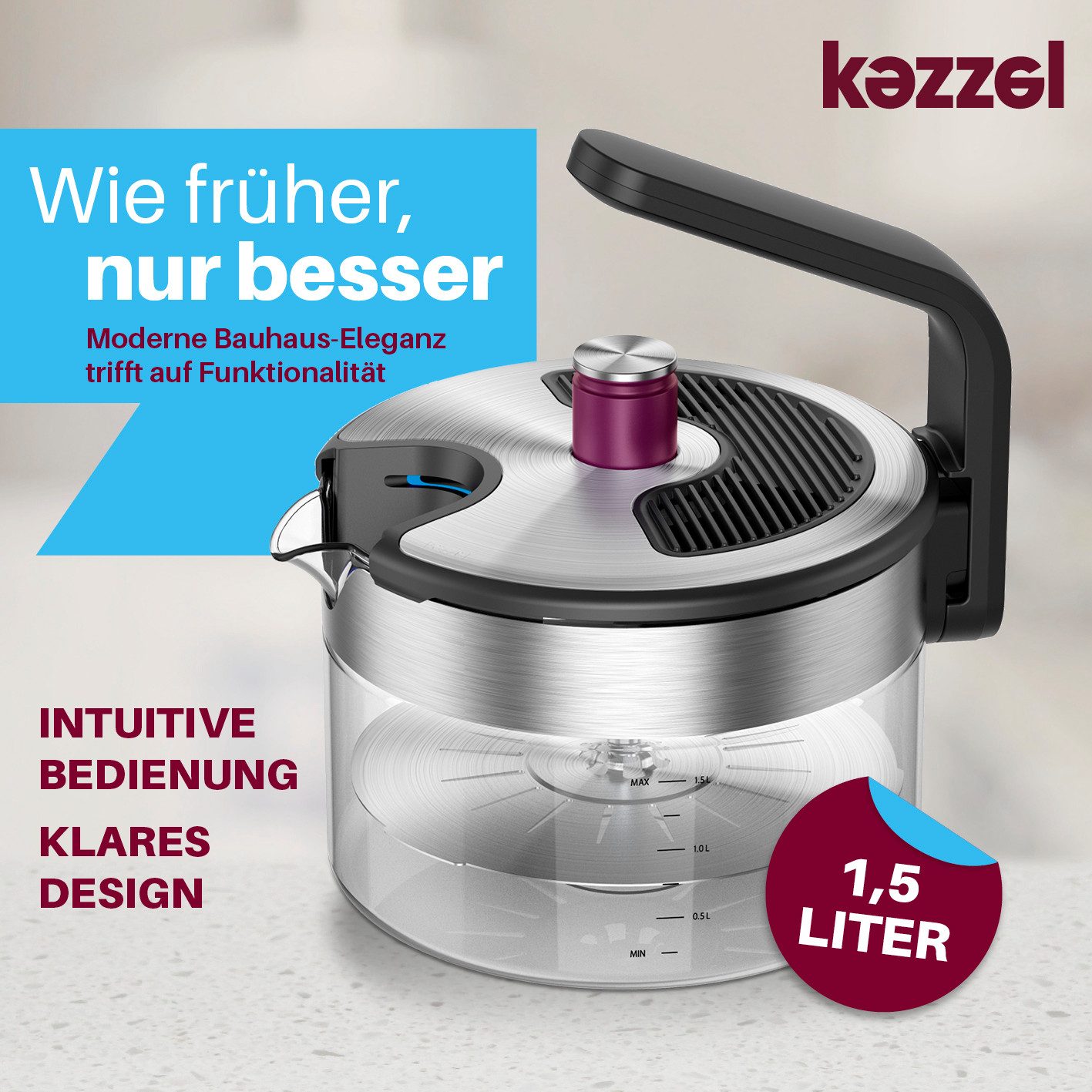 Kezzel Wasserkessel für Induktionsherde, 7-fach patentiert, 1,5 Liter Kapazität, Minimalistisches Design aus Edelstahl & Glas, (1-tlg), Automatische Abschaltfunktion, kein Überkochen