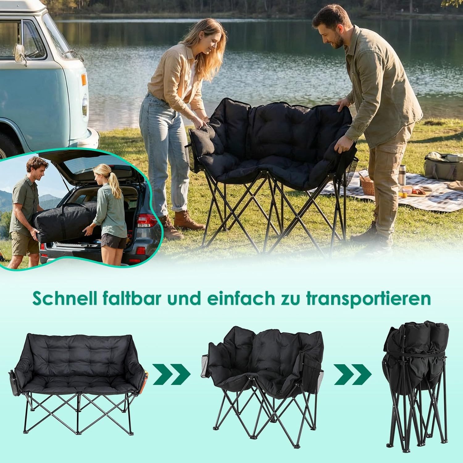 TLGREEN Campingstuhl Doppel Campingstuhl Klappbar 320KG Belastbar (Gepolstert XXL Outdoor Klappstuhl mit Seitentaschen & Rückentasche), Campingsofa 2 Personen f – Bild 5 von 5
