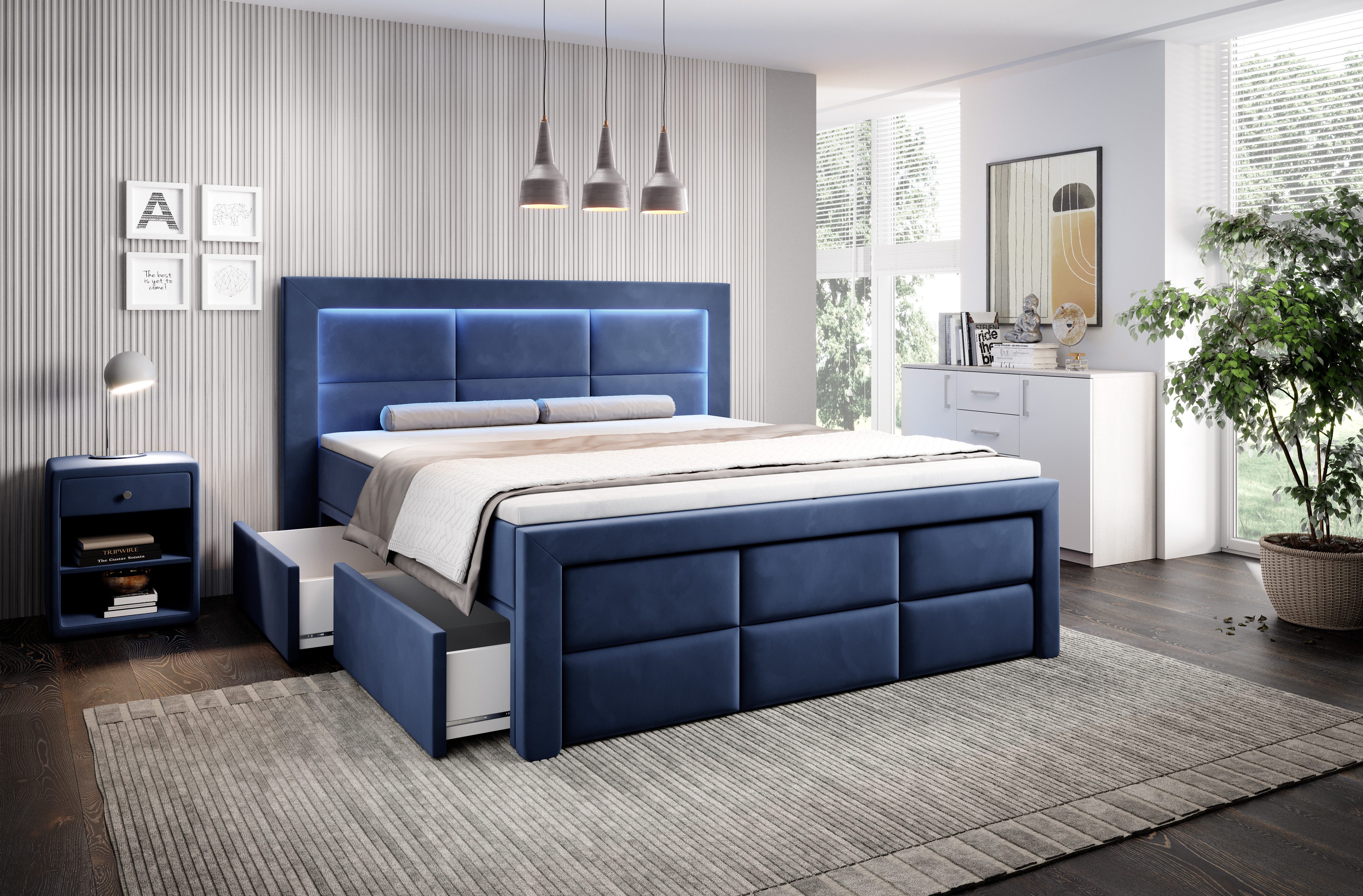 PROMETO Möbel Boxspringbett Schlafbett mit 2 Schubladen Bettkasten 180x200cm LED Beleuchtung (2 Schubladen, Taschenfederkernmatratze 7 Zonen, Topper)
