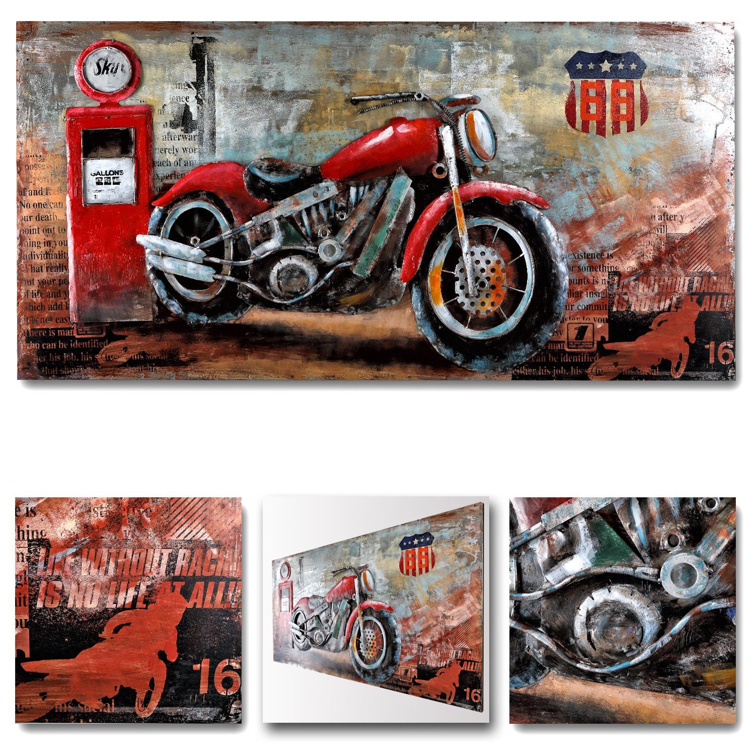 Home4Living Metallbild Wandbild 3D Relief Retro Bild Handarbeit Unikat, Motorcycle Gas Station, Handarbeit