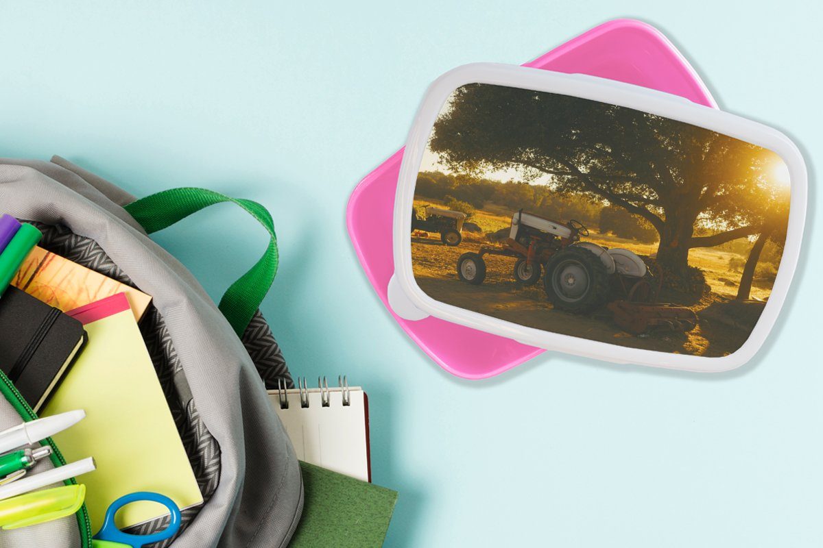 MuchoWow Lunchbox Traktor Landschaft, Brotbox Kunststoff Baum für Sonne Kinder, rosa (2-tlg), Kunststoff, Erwachsene, - Mädchen, - - Brotdose Snackbox