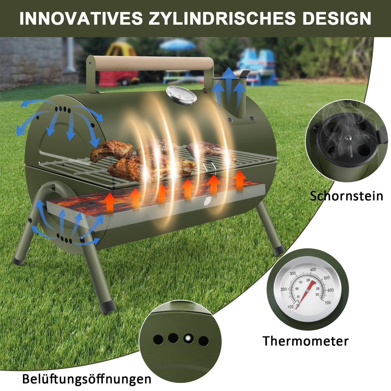 SunJas Holzkohlegrill K-GN22A grün Klappgrill Tischgrill mit Thermometer und Deckel, Doppel Grillfläche 33.7 x 21.5 cm, Reisegrill Campinggrill Kofferraum Grill für Outdoor Picknick Camping