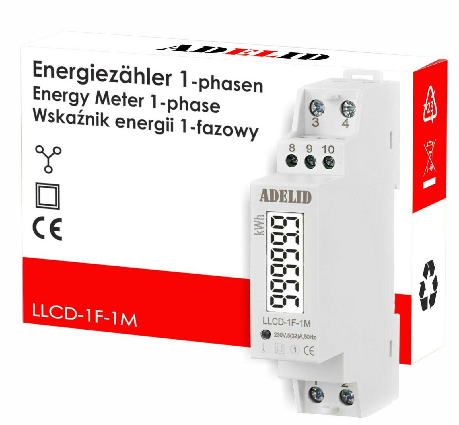 ADELID Schalter, Wechselstromzähler MID Signalleuchte Hutschiene DIN LCD 1-Phase Interface S0 digital 5(32)A