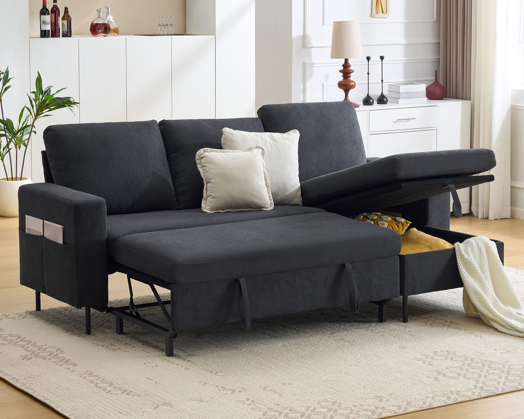 AMERLIFE Schlafsofa mit Stauraum & Ausziehbett, 226 cm L-Form, 1 Teile, Schlaffunktion & großer Liegeplatz