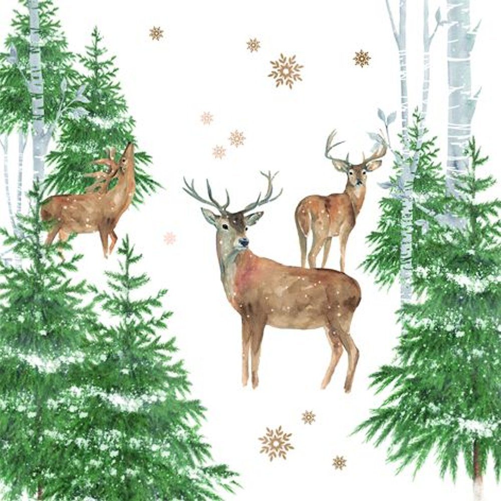 Linoows Papierserviette 20 Servietten Weihnachten Hirsche und Sterne im Winterwald, (Packung), Motiv Weihnachten Hirsche und Sterne im Winterwald