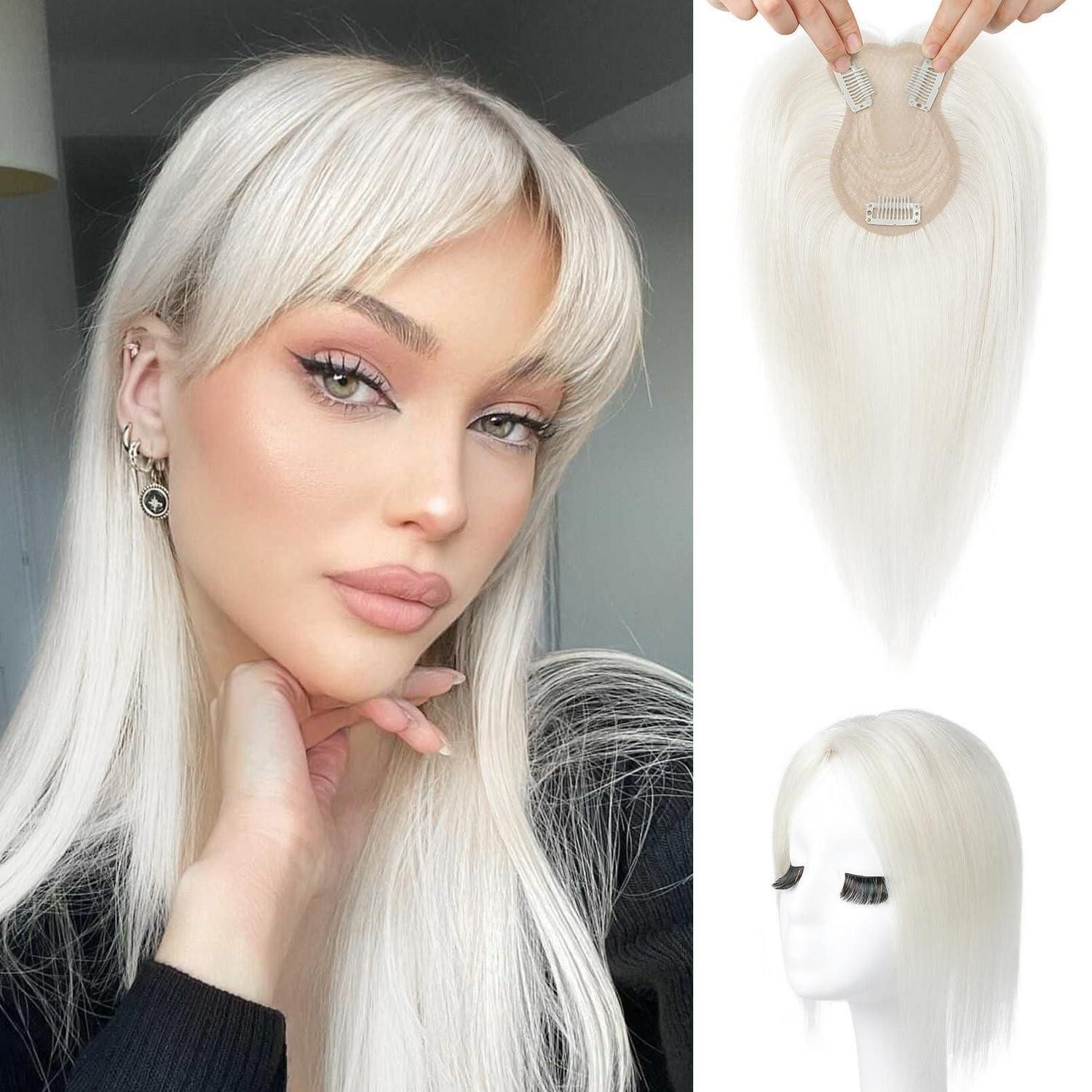 LuxusKollektion Echthaar-Extension Topper Echthaar Frauen Clipin Pony Haarteil 360 3D 26 CM Weißblond