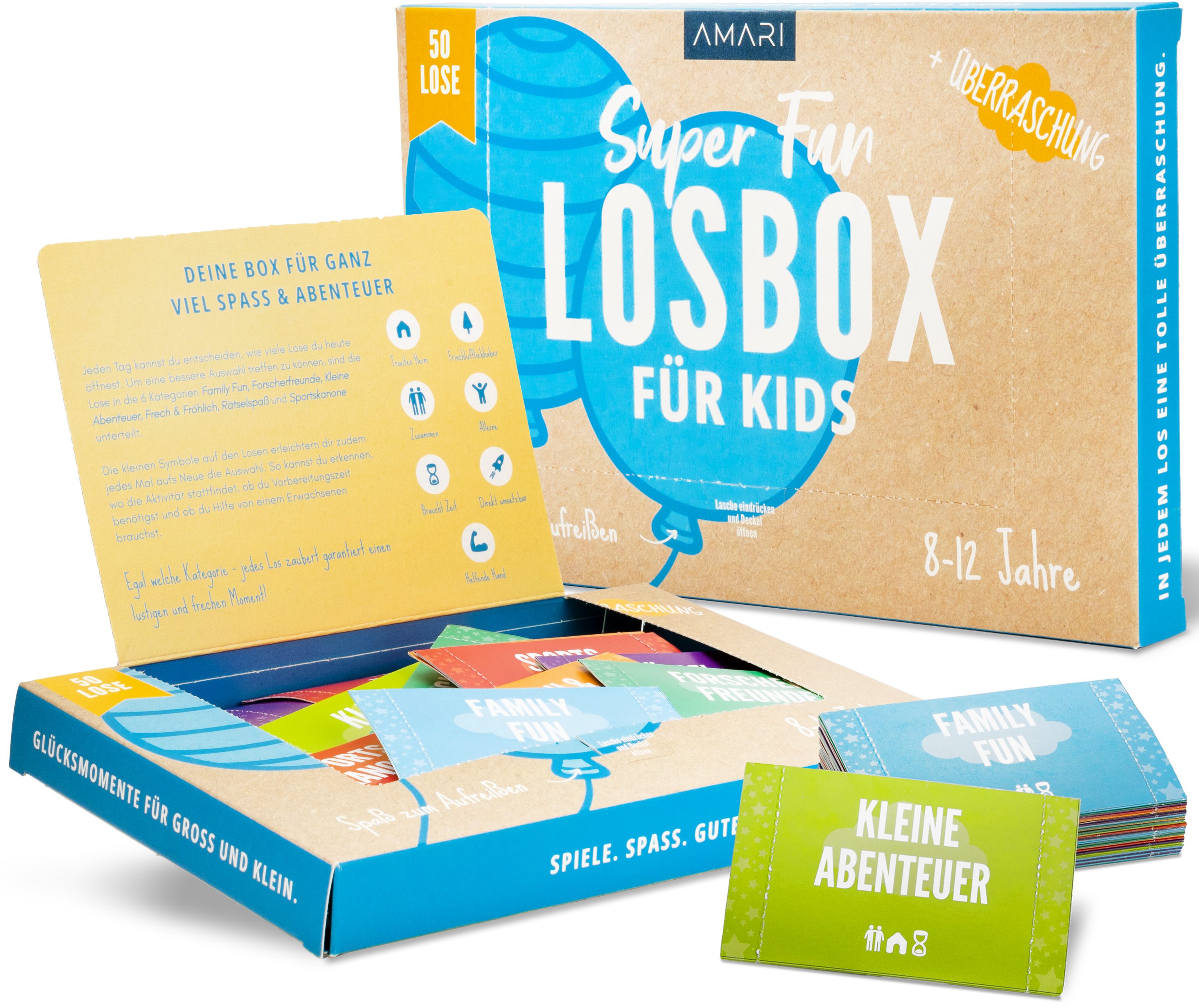 Amari Spiel Losbox für Kinder, 50 Lose mit Ideen gegen Langeweile, Geschenk, Kinderlose ab 6 Jahren, Kindergeburtstag, Weihnachten, Ostern, 6 Kategorien, ohne Bildschirm