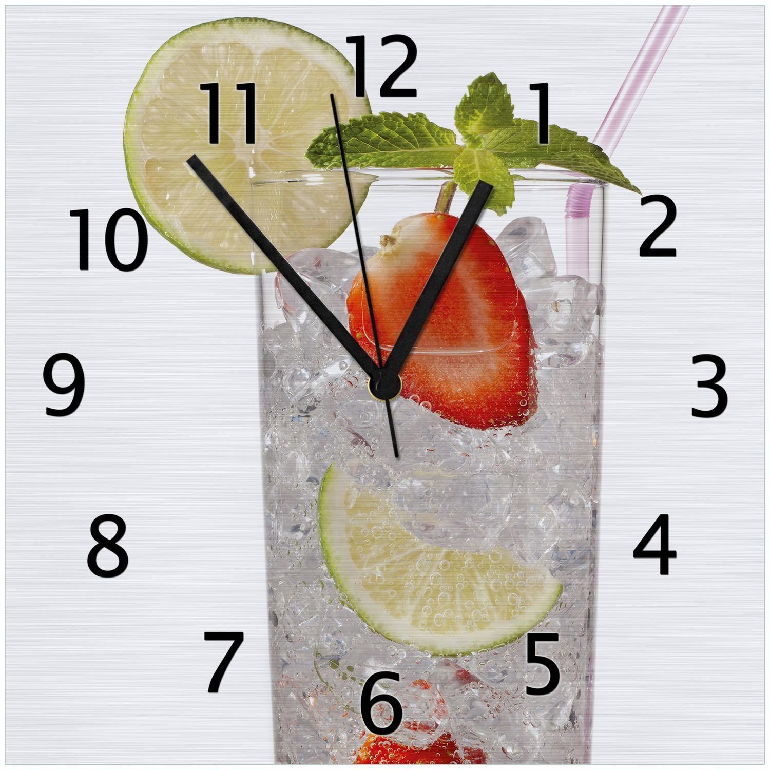 Wallario Wanduhr Glas Wasser mit Erdbeeren (Aluverbunduhr)